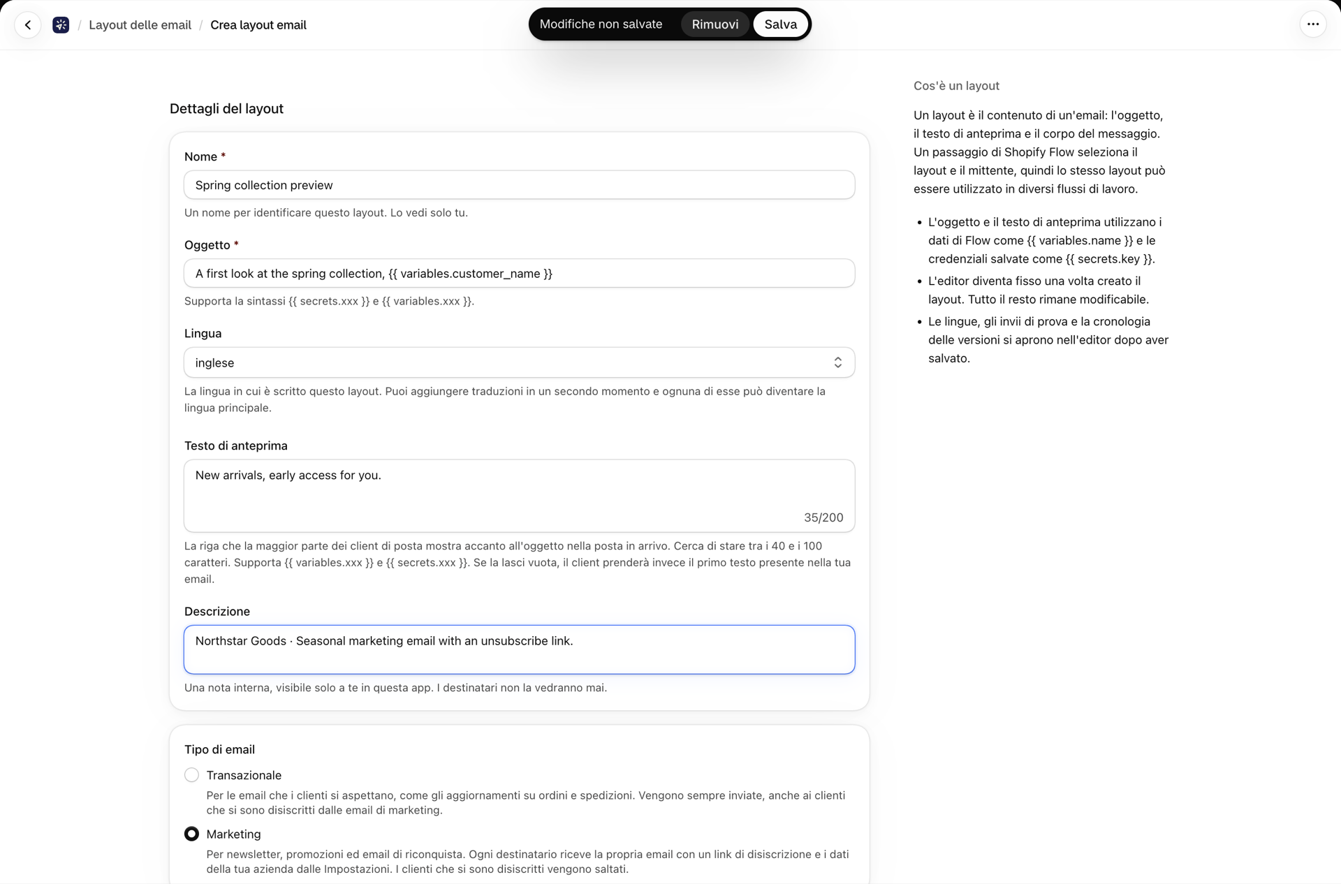 La pagina "Crea layout e-mail" con nome, oggetto, lingua, tipo di e-mail e scelta dell'editor