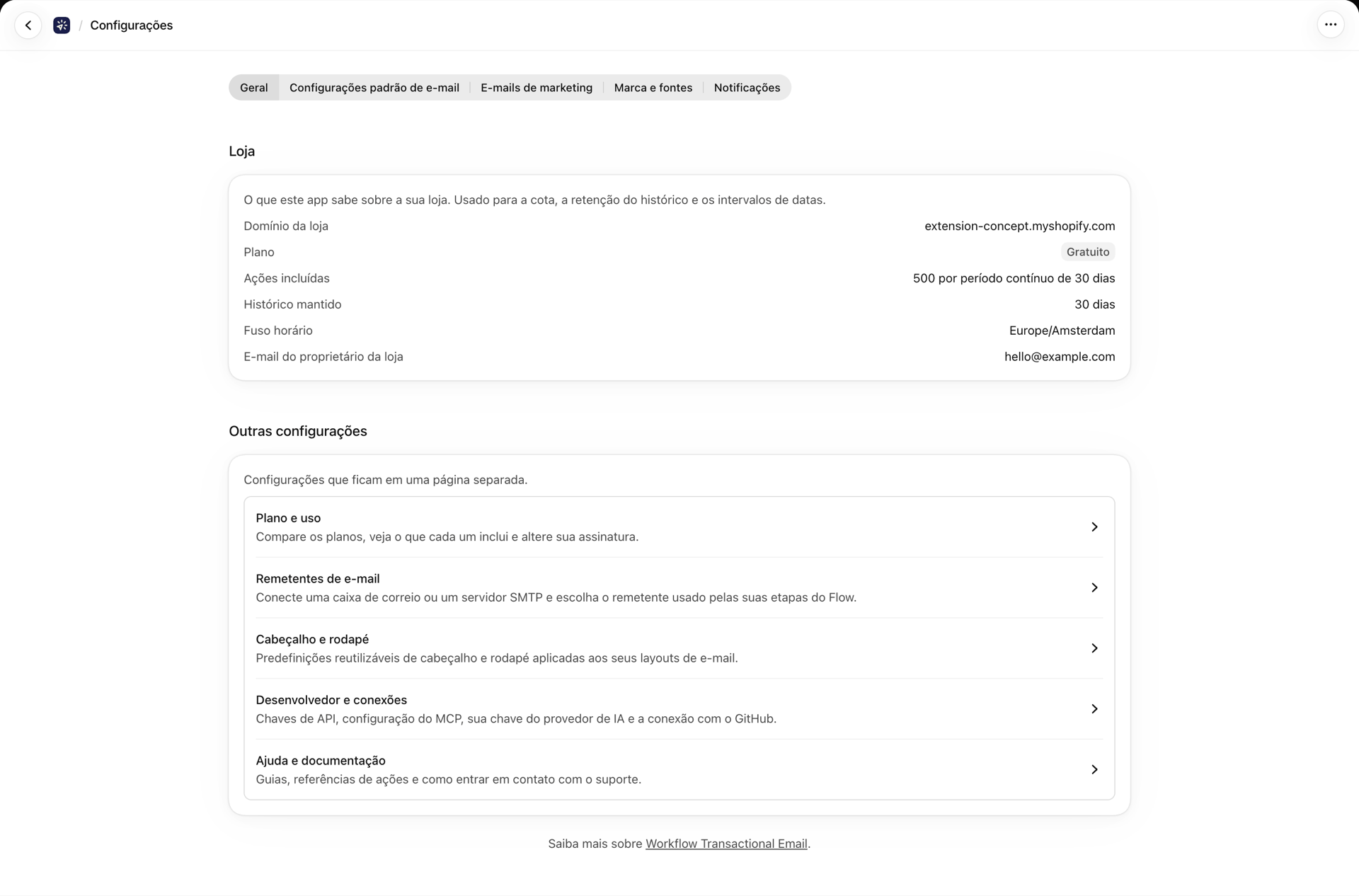 A guia “Geral” das Configurações, que contém as informações das lojas e links para as outras páginas de configurações