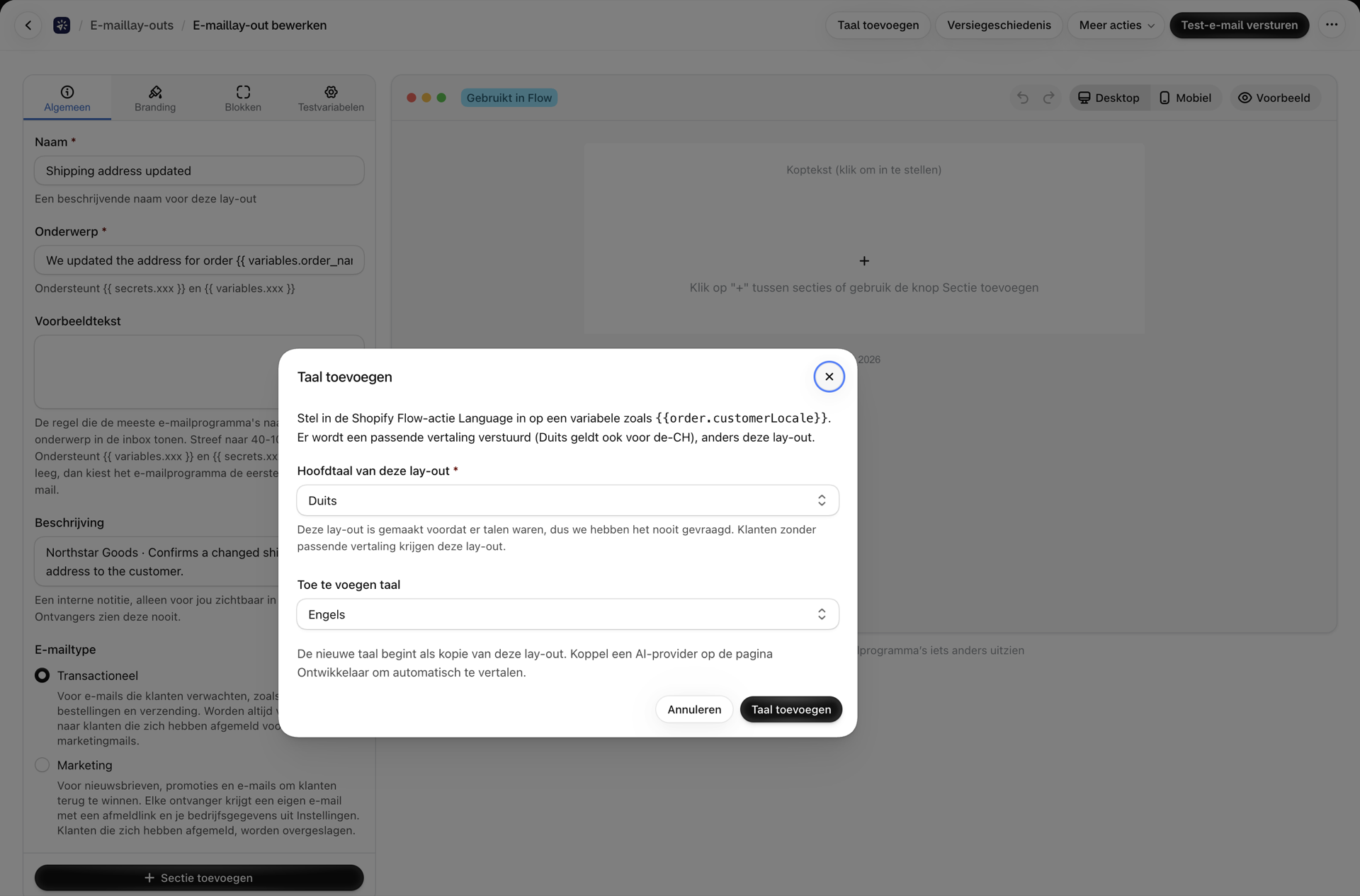 Het dialoogvenster ‘Taal toevoegen’ in een lay-out die is gemaakt voordat er talen bestonden: de hoofdtaal van deze lay-out komt eerst en is verplicht, gevolgd door de toe te voegen taal