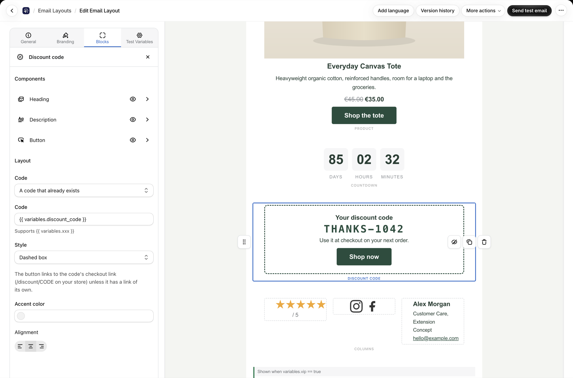 The discount code block settings: the parts Heading, Description and Button, the Code choice A code that already exists, the code variable, the frame style and the accent color