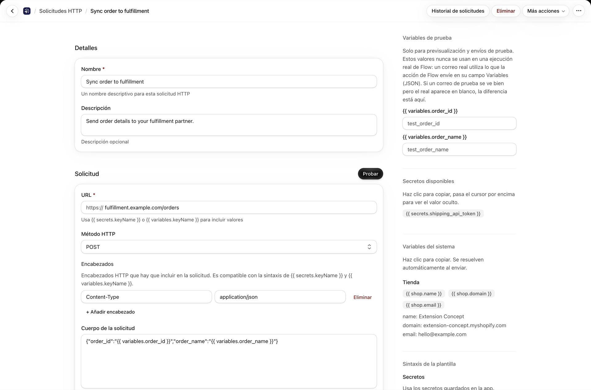 El editor de solicitudes HTTP con método, URL, encabezados y cuerpo