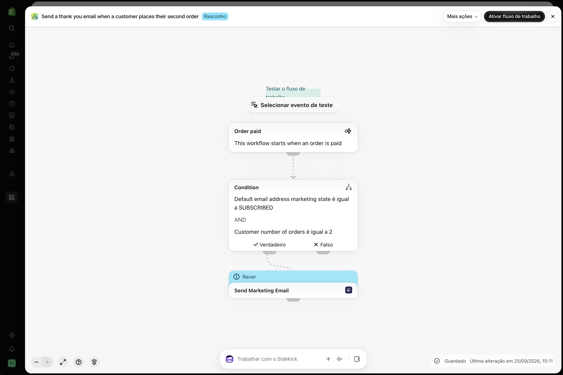 O fluxo de trabalho no Shopify Flow: Enviar um e-mail de agradecimento quando um cliente efetuar a sua segunda encomenda