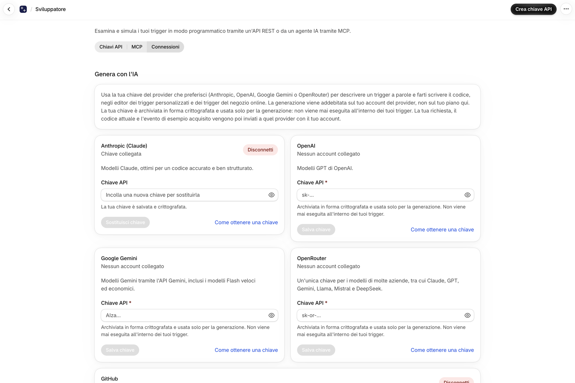 La scheda "Connessioni" della pagina "Sviluppatore" con le schede relative ad Anthropic, OpenAI, Google Gemini e OpenRouter; Anthropic risulta connesso tramite Key