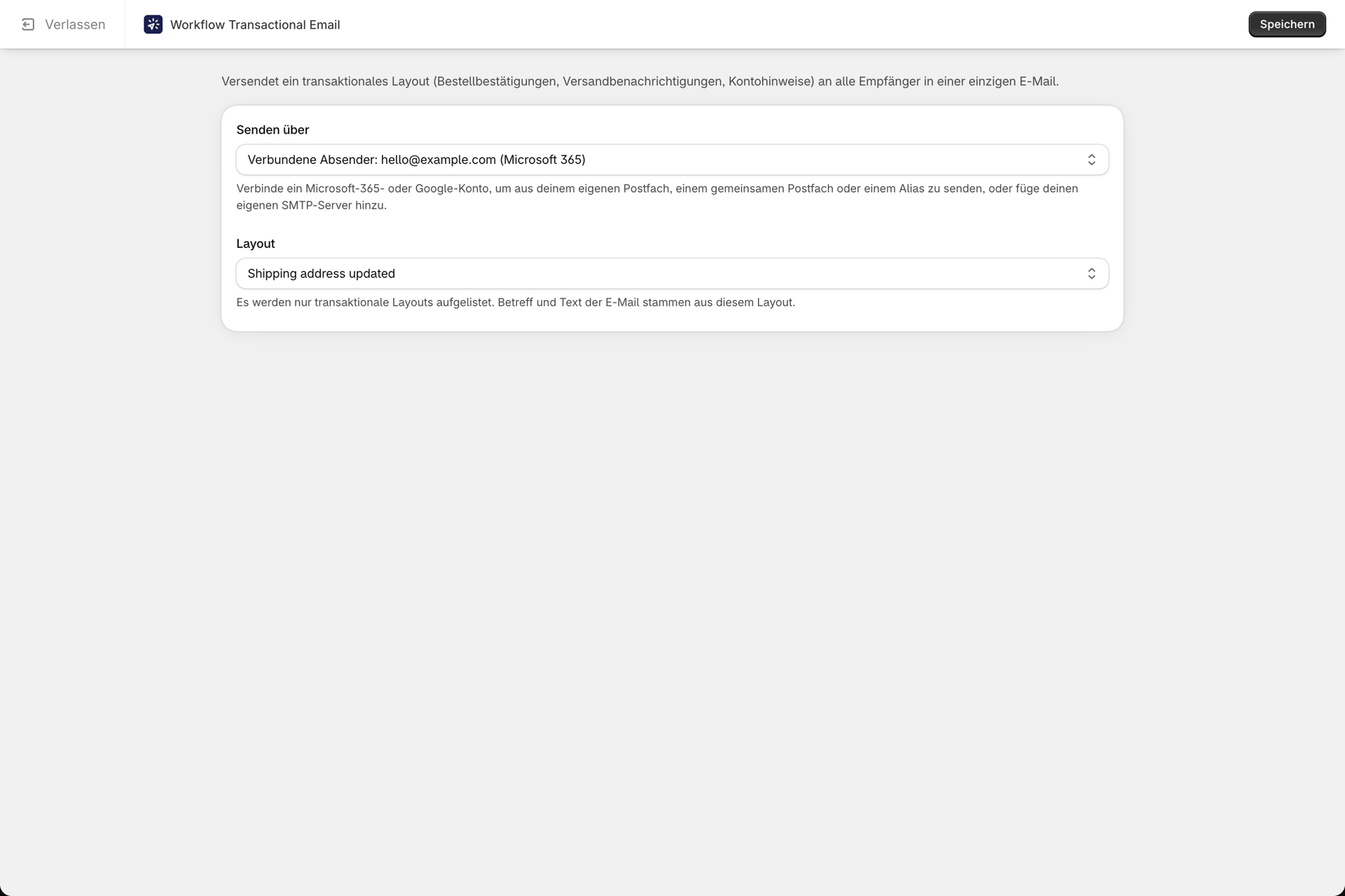 Die Konfigurationsseite der Aktion, auf der die zur Auswahl stehenden E-Mail-Layouts aufgeführt sind