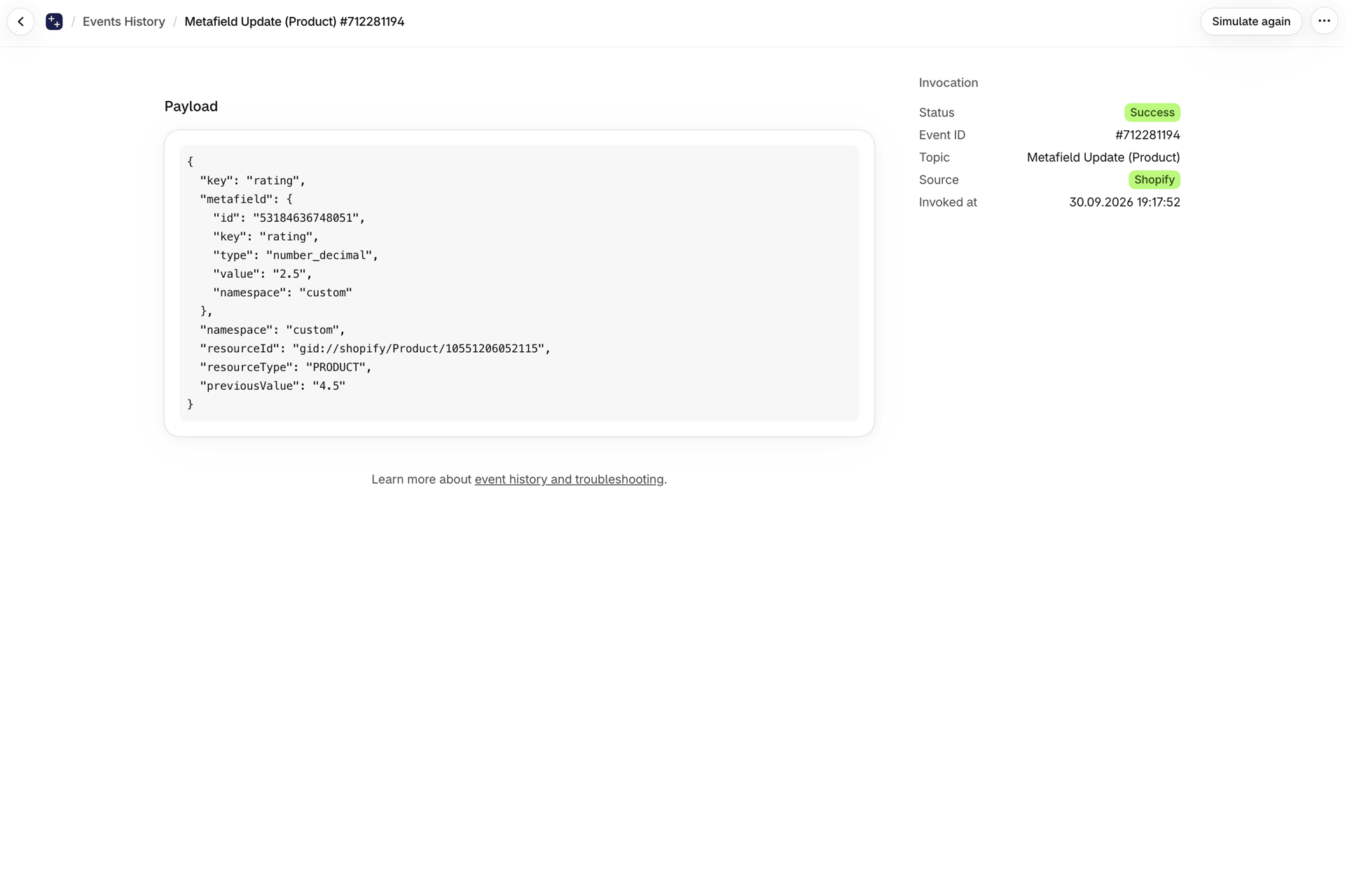 An event in Event History: Metafield Update for a product, value 2.5 and previousValue 4.5