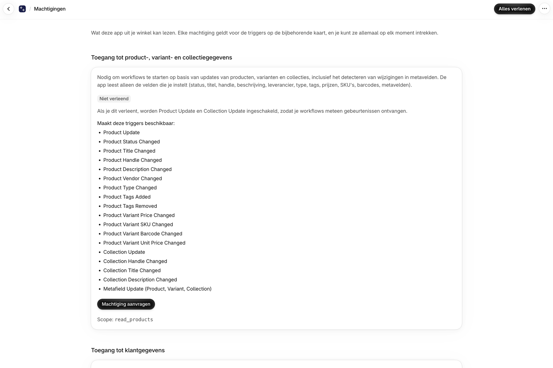 De pagina ‘Toestemmingen’ direct na de installatie: op elke kaart staat ‘Niet verleend’, met ‘Alles toestaan’ in de titelbalk