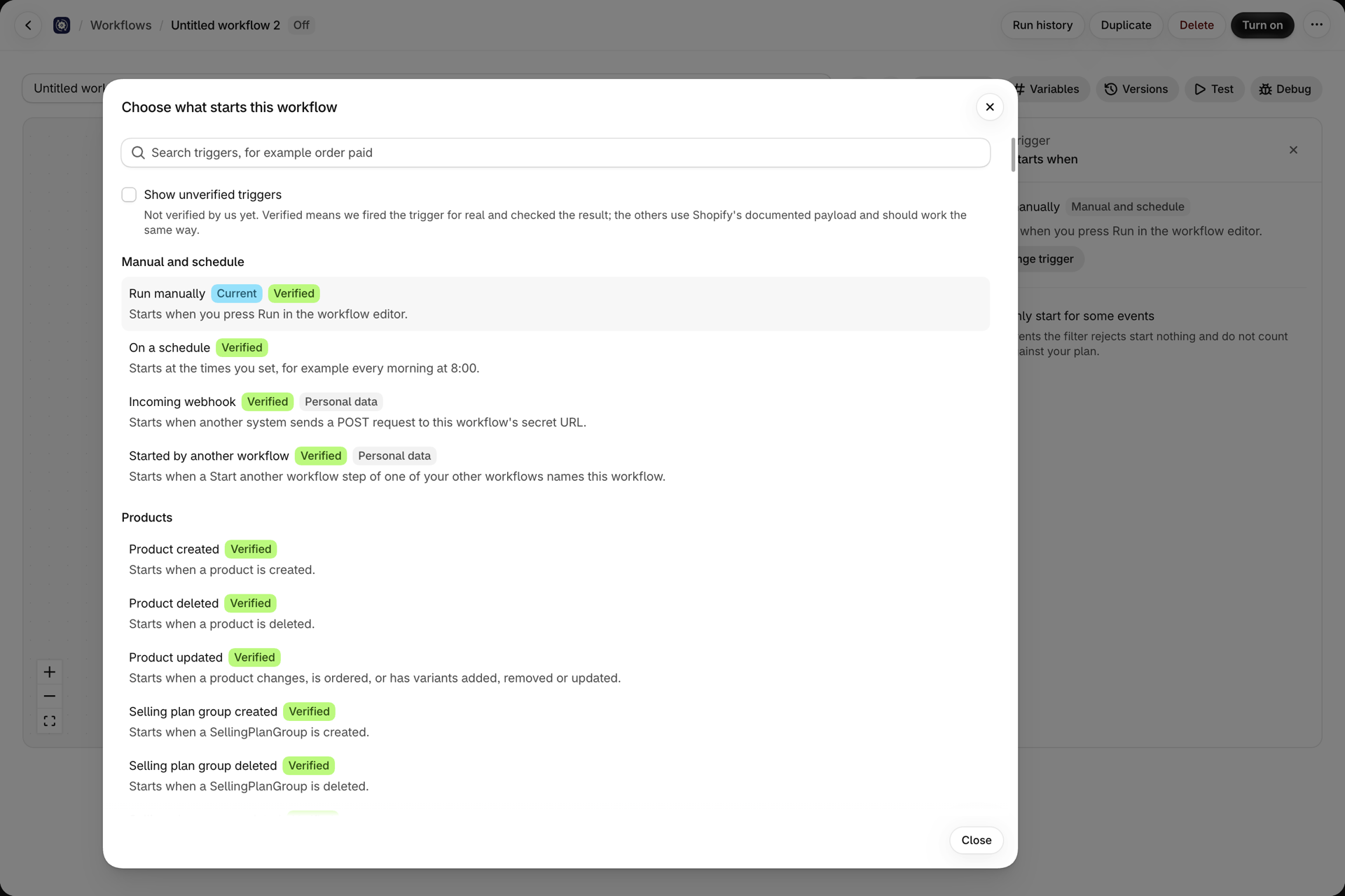 The Choose what starts this workflow window: a search box, the Show unverified triggers checkbox, the Manual and schedule group with Run manually, On a schedule, Incoming webhook and Started by another workflow, and the Products group, each trigger with a Verified badge