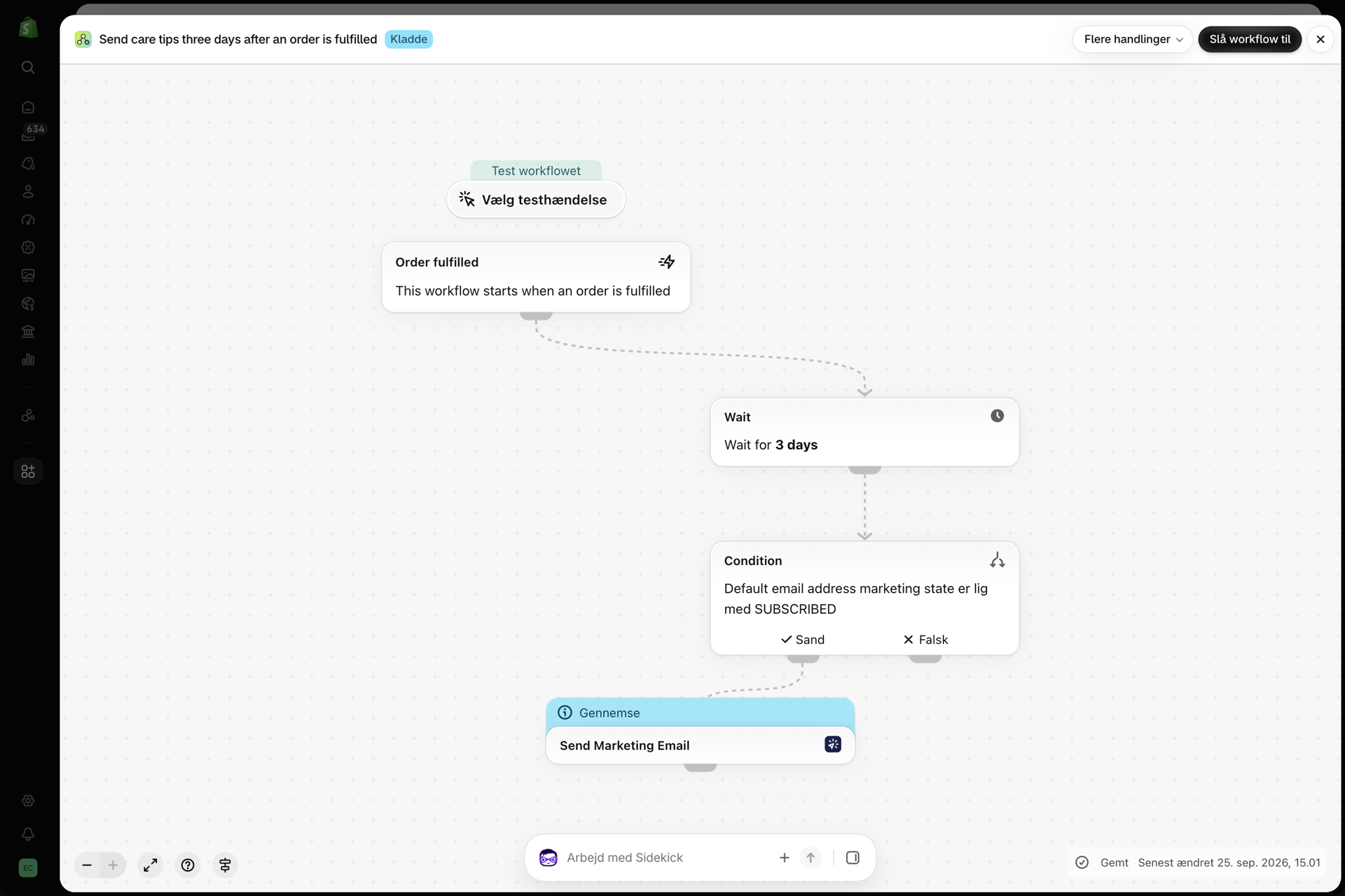 Arbejdsgangen i Shopify Flow: Send plejetips tre dage efter, at en ordre er afsluttet