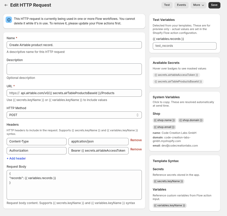 The completed Airtable HTTP request