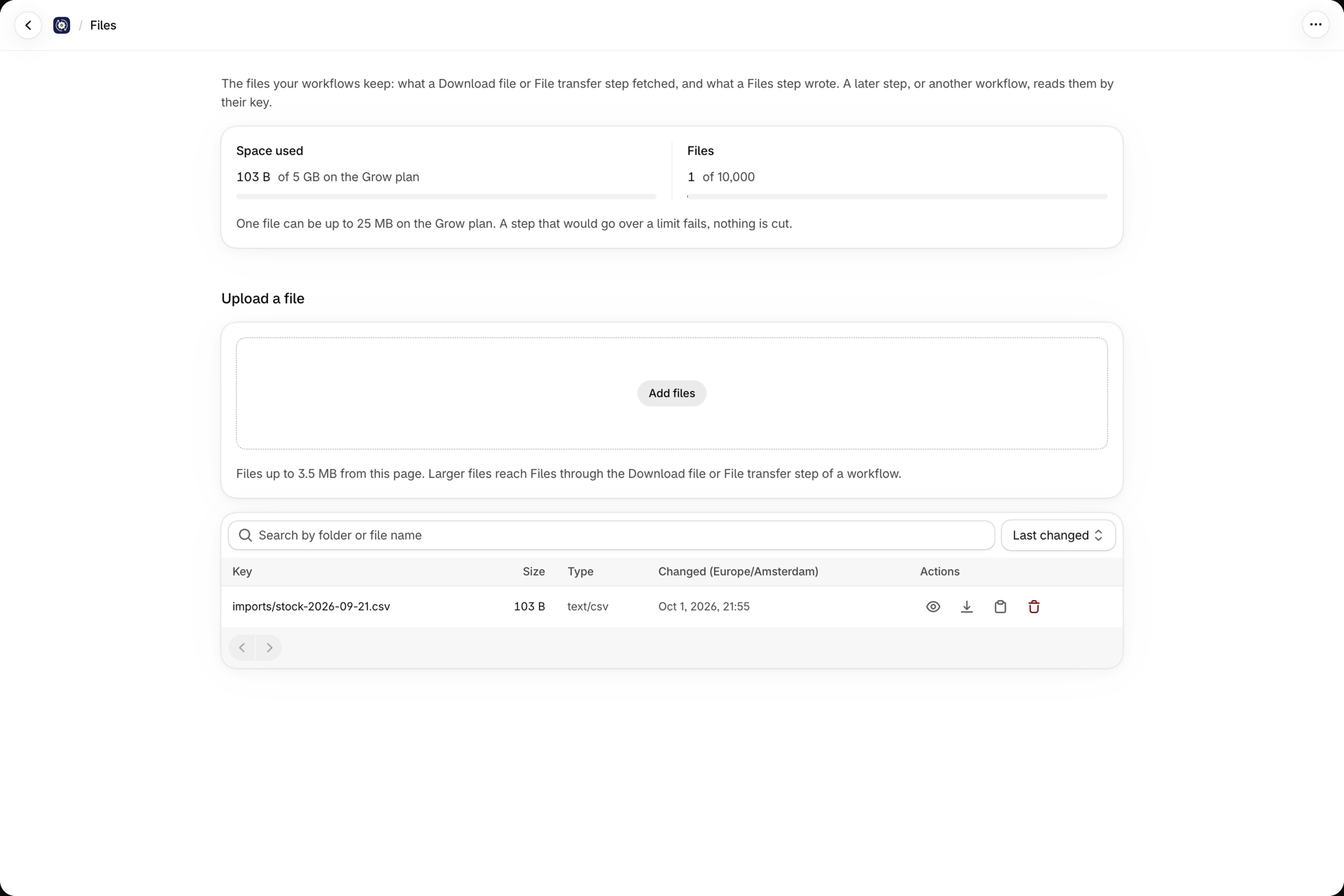The Files page: Space used 103 B of 5 GB on the Grow plan, Files 1 of 10,000, an Upload a file drop zone and a table with the file imports/stock-2026-09-21.csv with preview, download, copy and delete actions