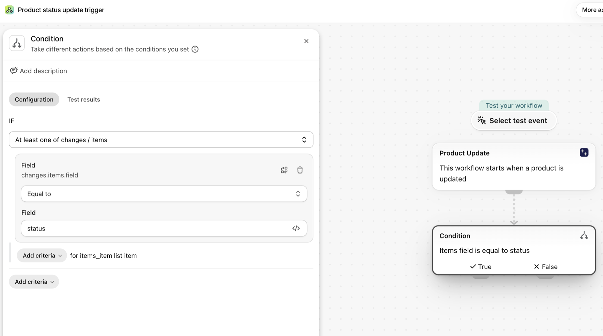 A Flow condition on Product Update: at least one of changes / items has field equal to status