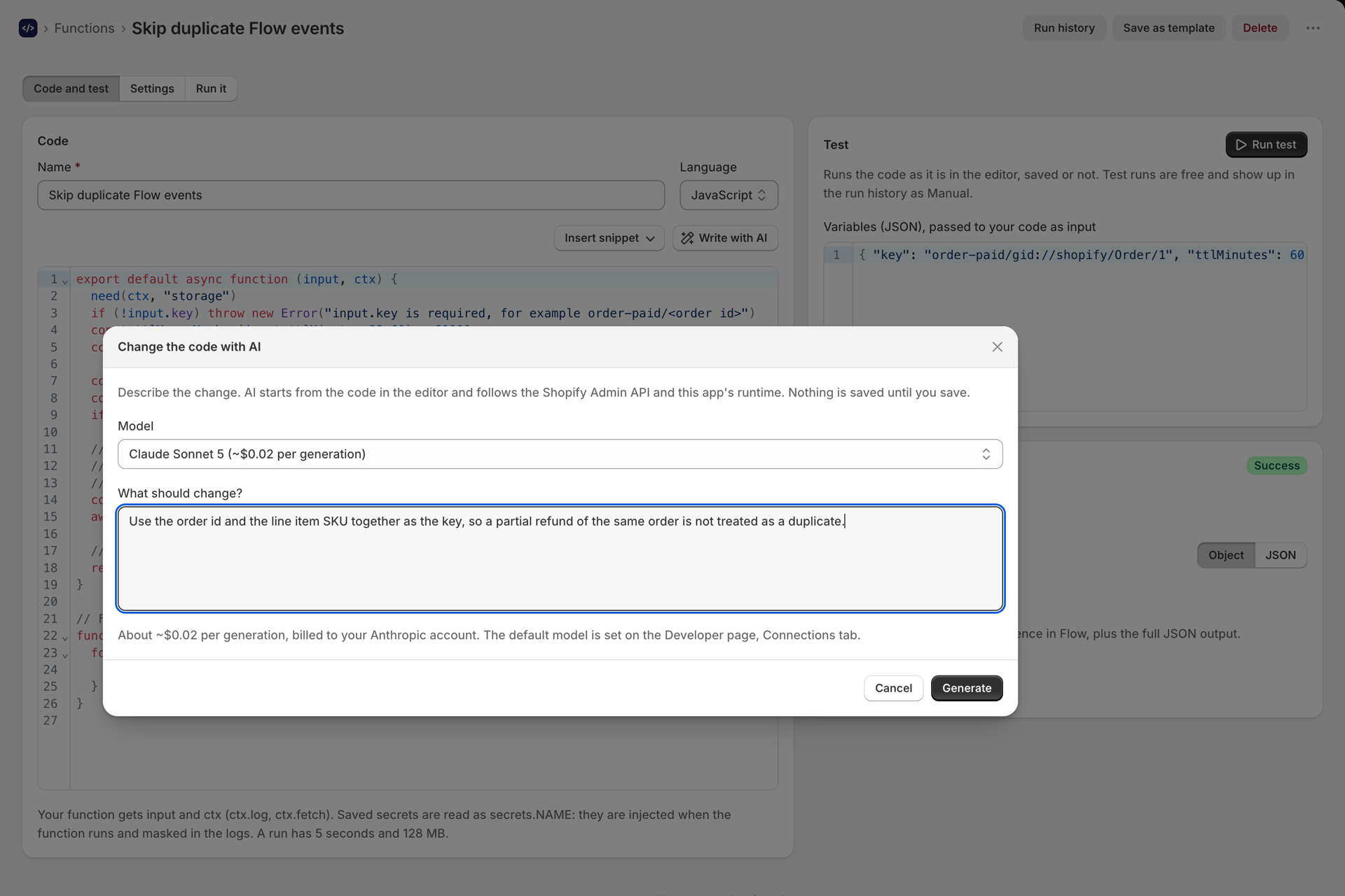 The Change the code with AI dialog with a model picker and a request