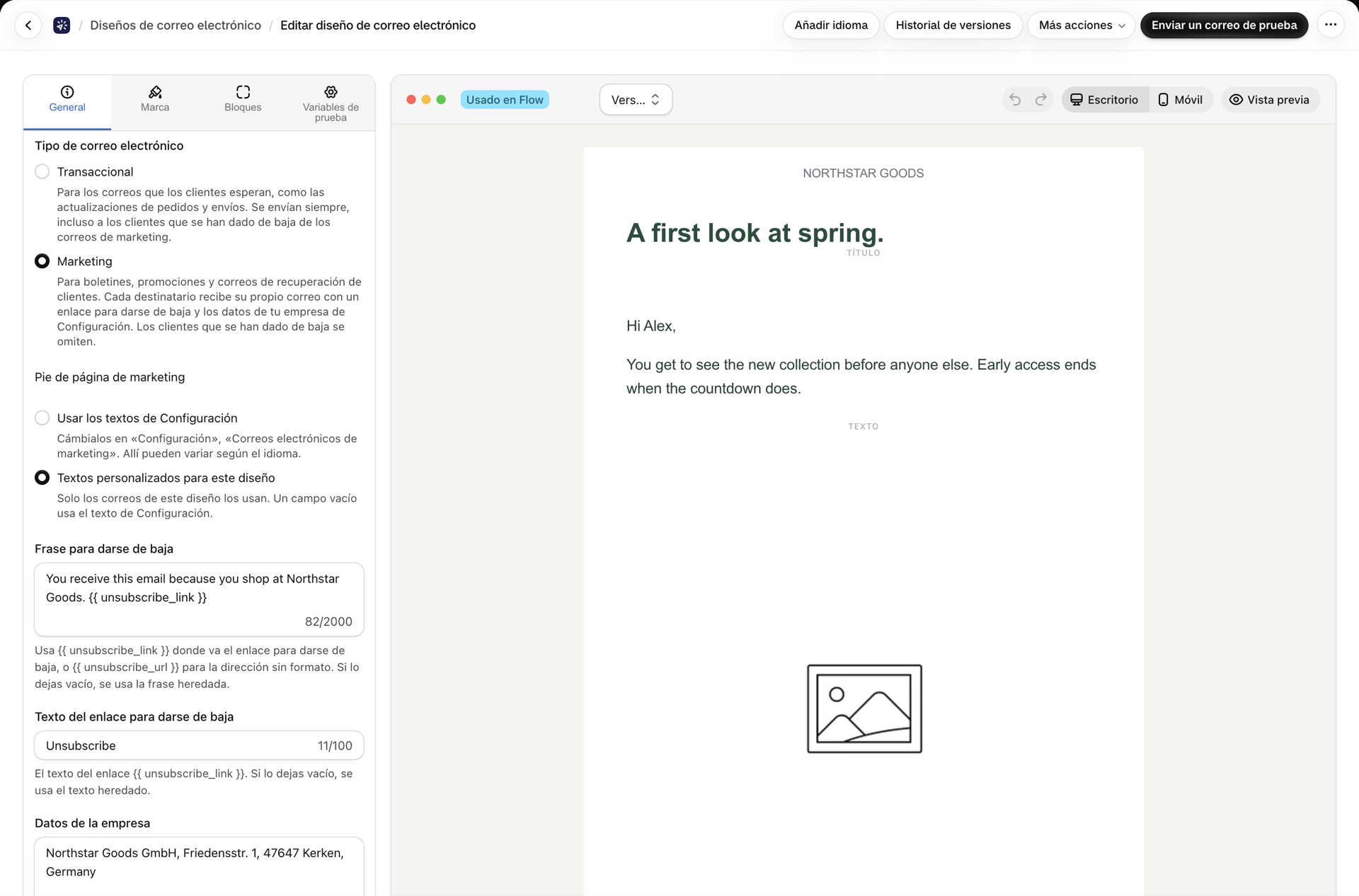La opción «Pie de página de marketing» en una plantilla de marketing: utilice los textos de «Configuración» o los «Textos personalizados» para esta plantilla.