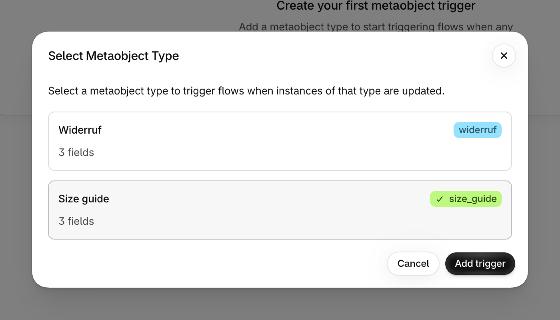 The Select Metaobject Type dialog with the type Size guide selected