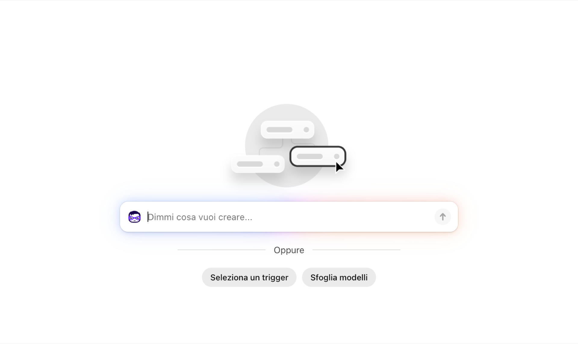 Un nuovo workflow Shopify Flow vuoto, con un campo di prompt e i pulsanti “Seleziona un trigger” e “Sfoglia i modelli”