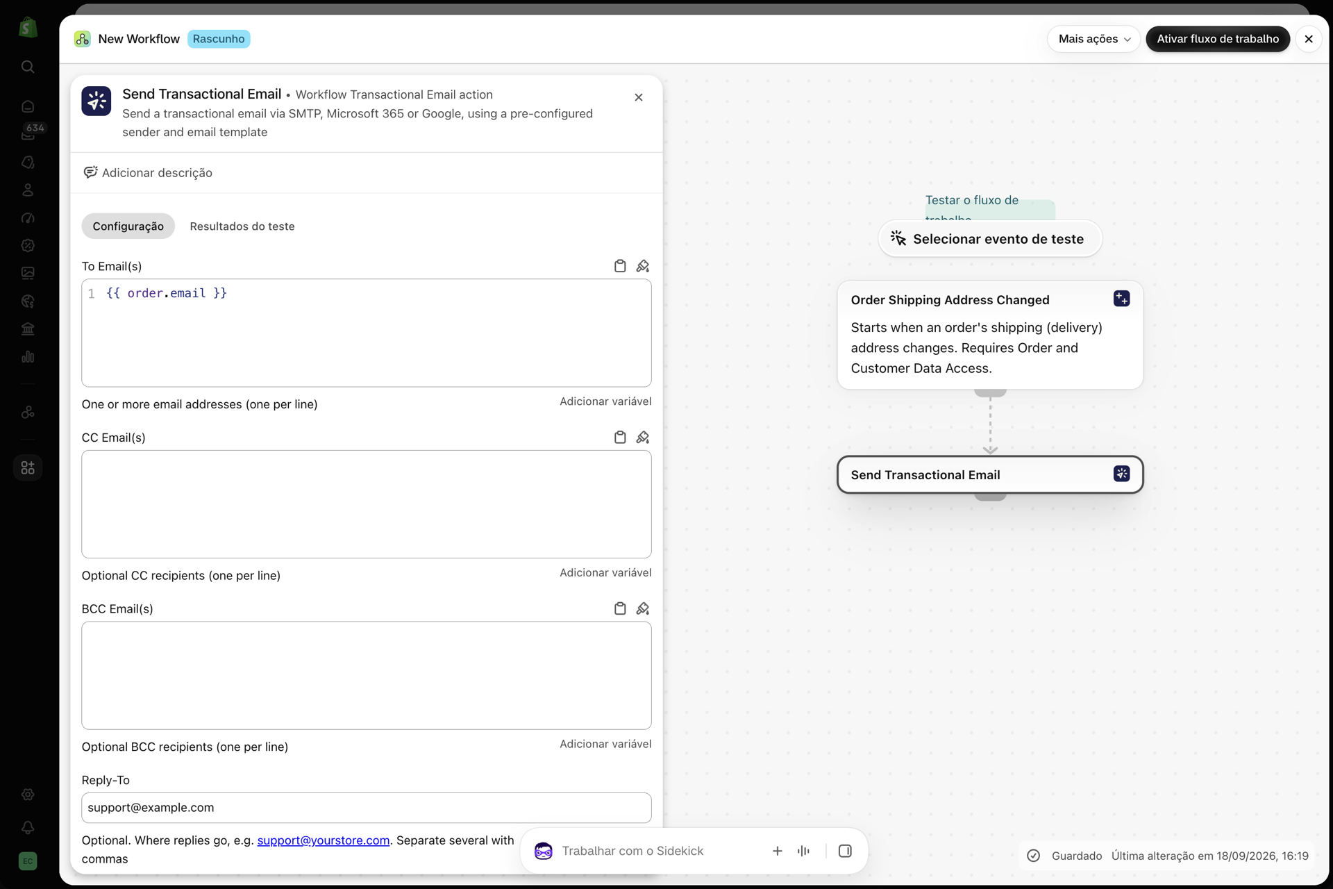 Um fluxo de trabalho com um gatilho e a ação «Enviar e-mail transacional», com o campo «Para» definido para o endereço de e-mail do pedido