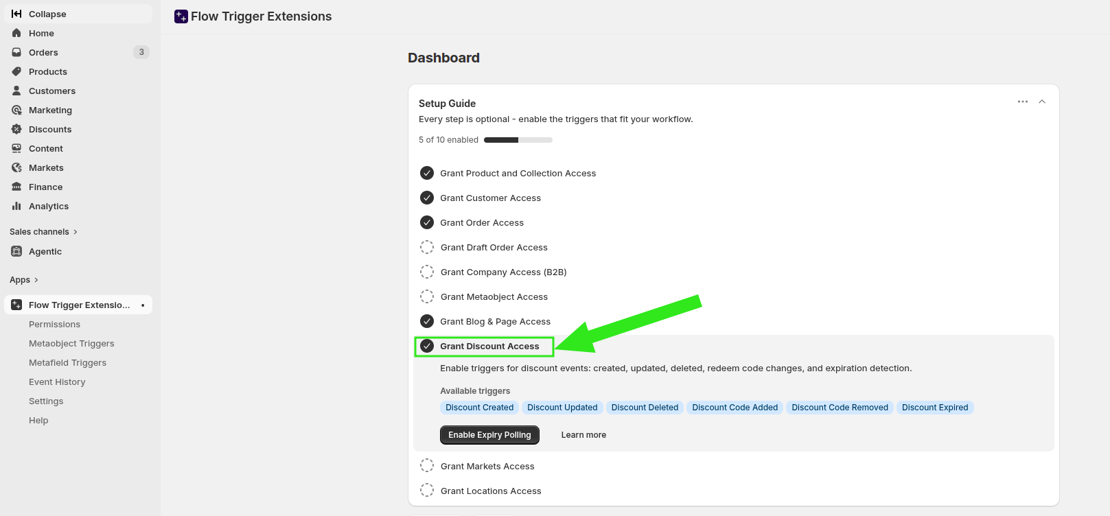 Workflow Trigger Extensions dashboard showing Grant Discount Access enabled