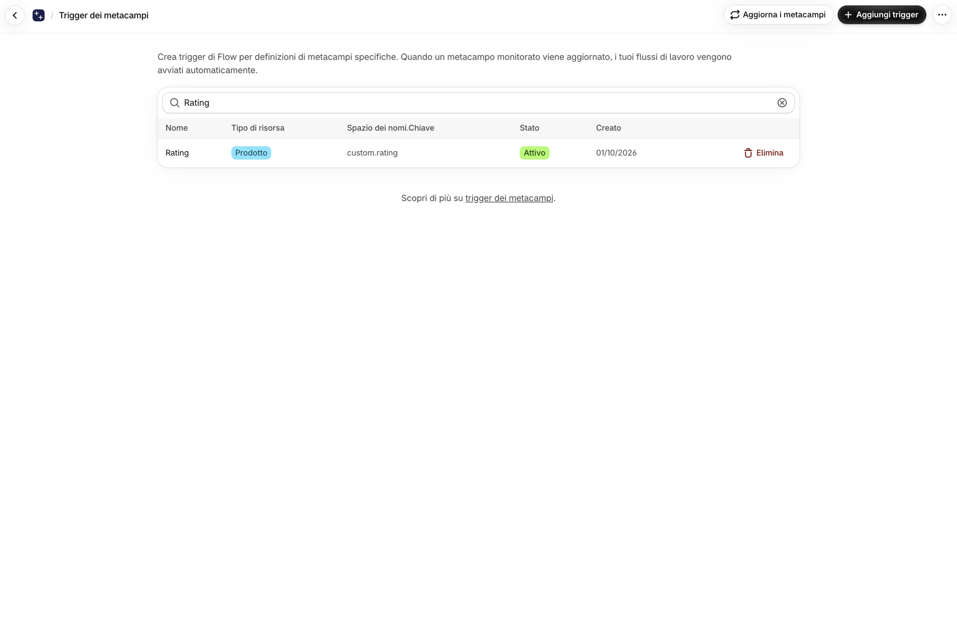 L'elenco dei trigger dei metacampi relativi al metacampo del prodotto “Rating”, “custom.rating”, visualizzato come “Attivo”