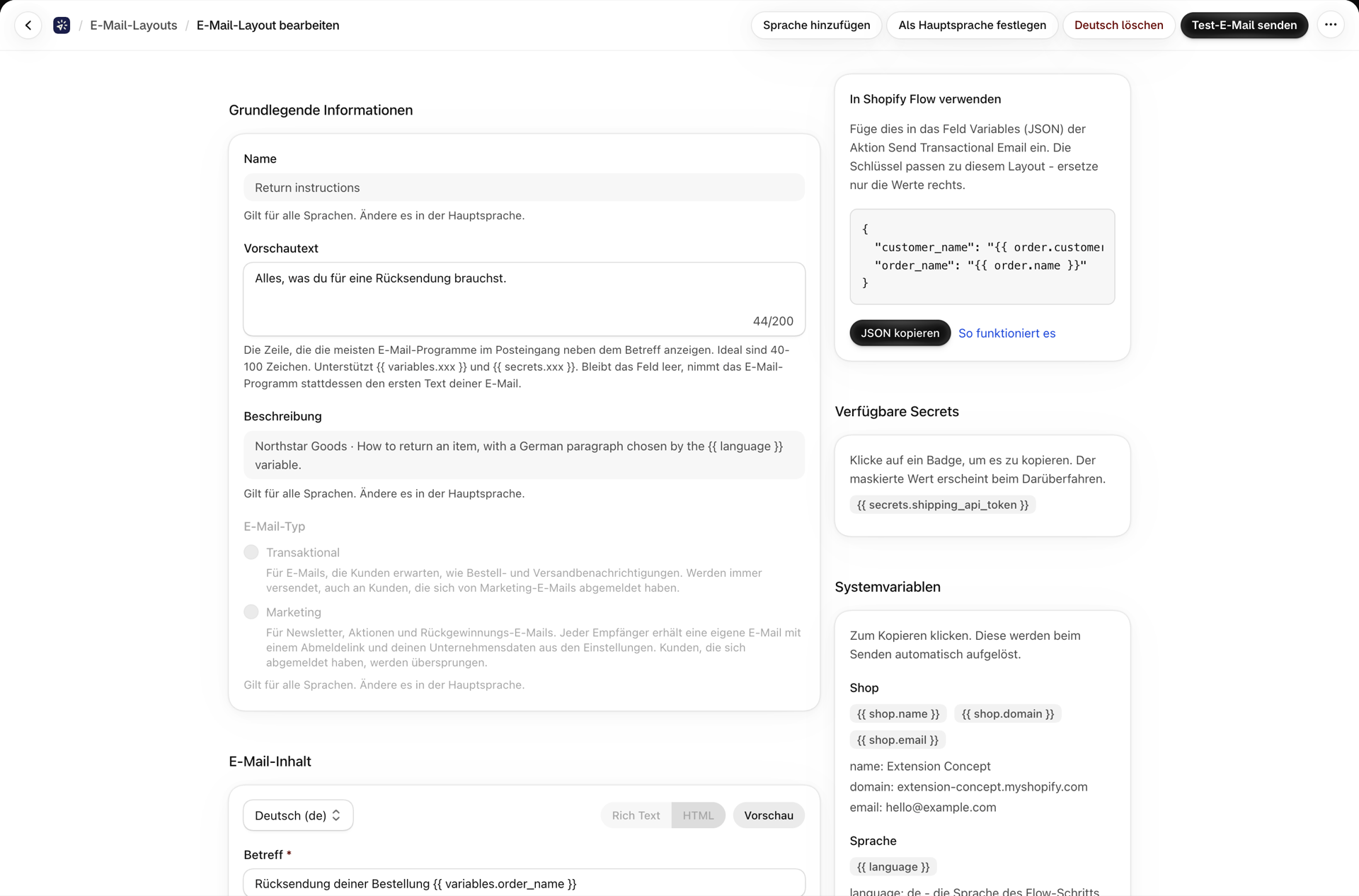Die deutsche Version eines Rich-Text-Layouts: gleicher Bildschirm, Name und Beschreibung schreibgeschützt, Betreff und Textkörper auf Deutsch