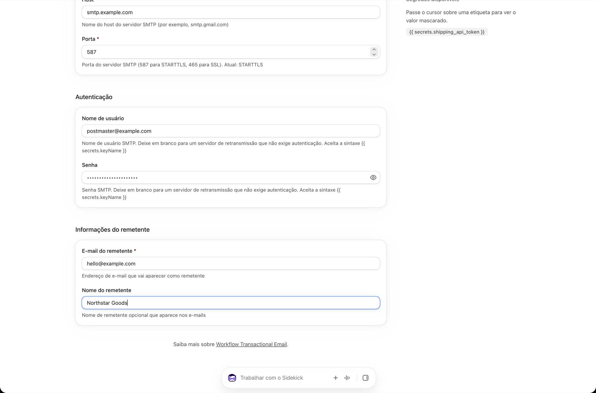 A parte inferior do formulário do servidor SMTP, com nome de usuário, senha e endereço do remetente