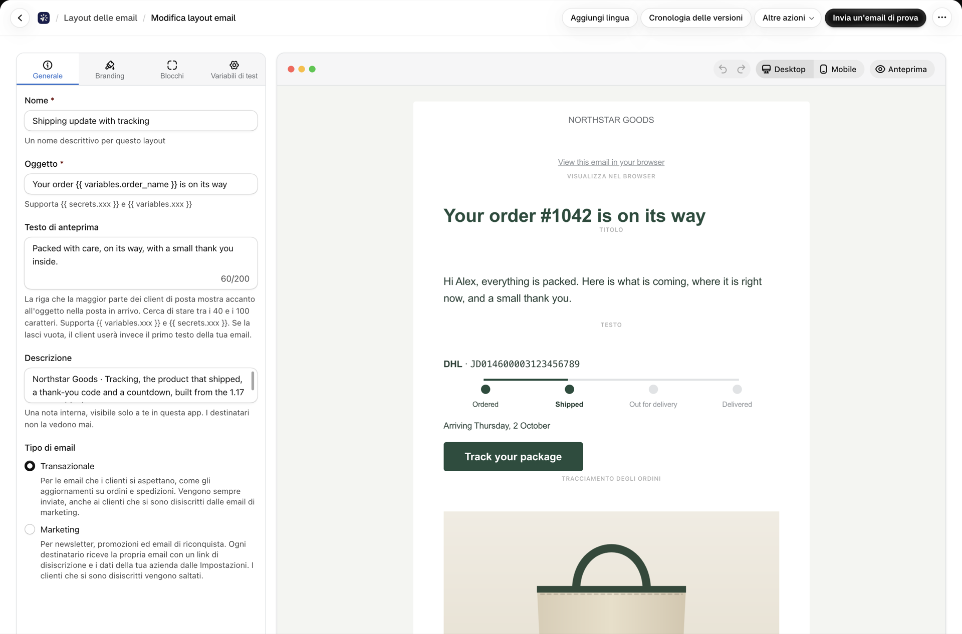 Un layout per gli aggiornamenti sulle spedizioni nel Visual Builder: riga “Visualizza nel browser”, titolo, tracciamento dell’ordine con una barra di avanzamento e un pulsante “Traccia il Suo pacco”