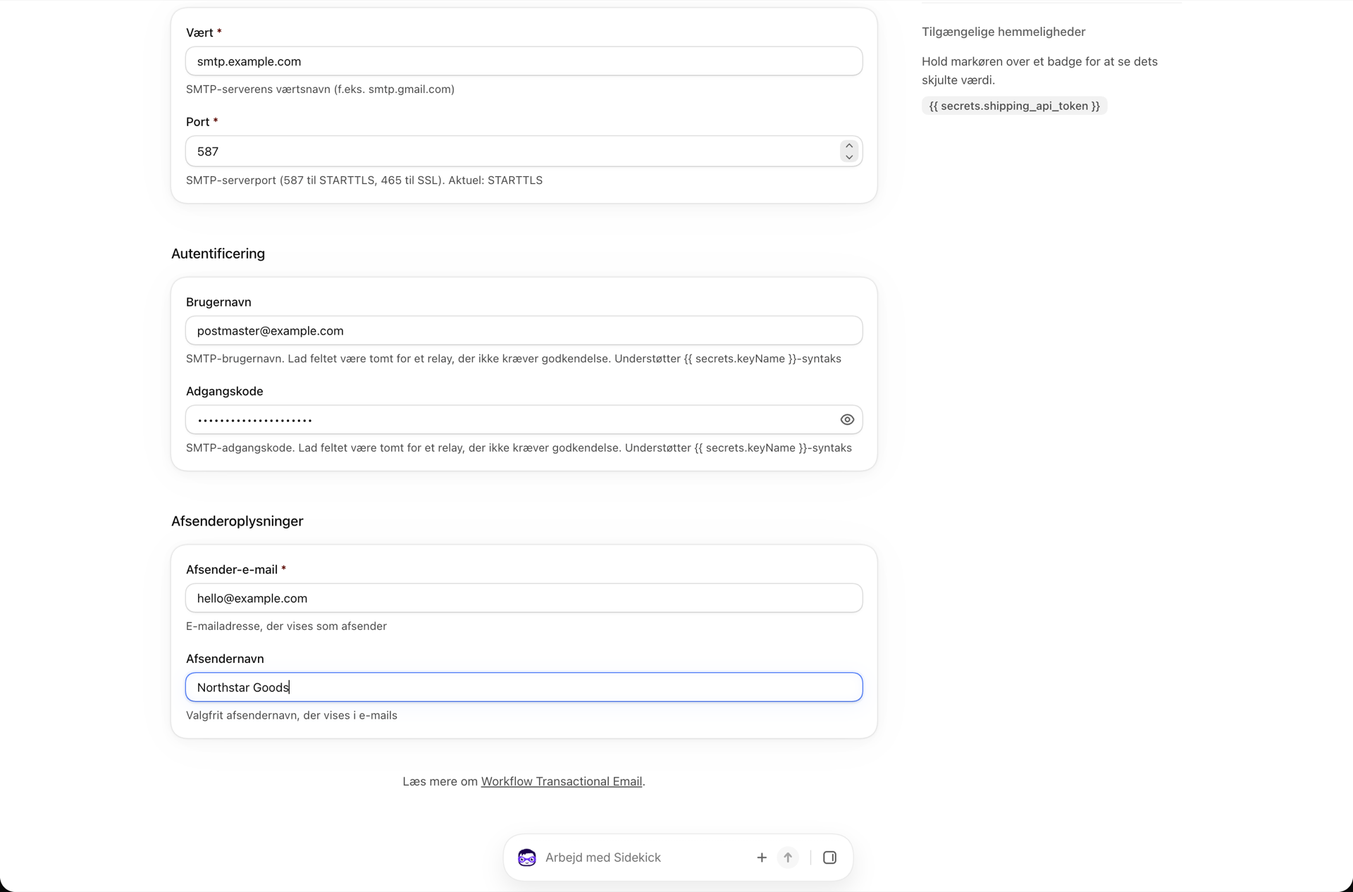 Den nederste del af SMTP-serverformularen med brugernavn, adgangskode og afsenderadresse