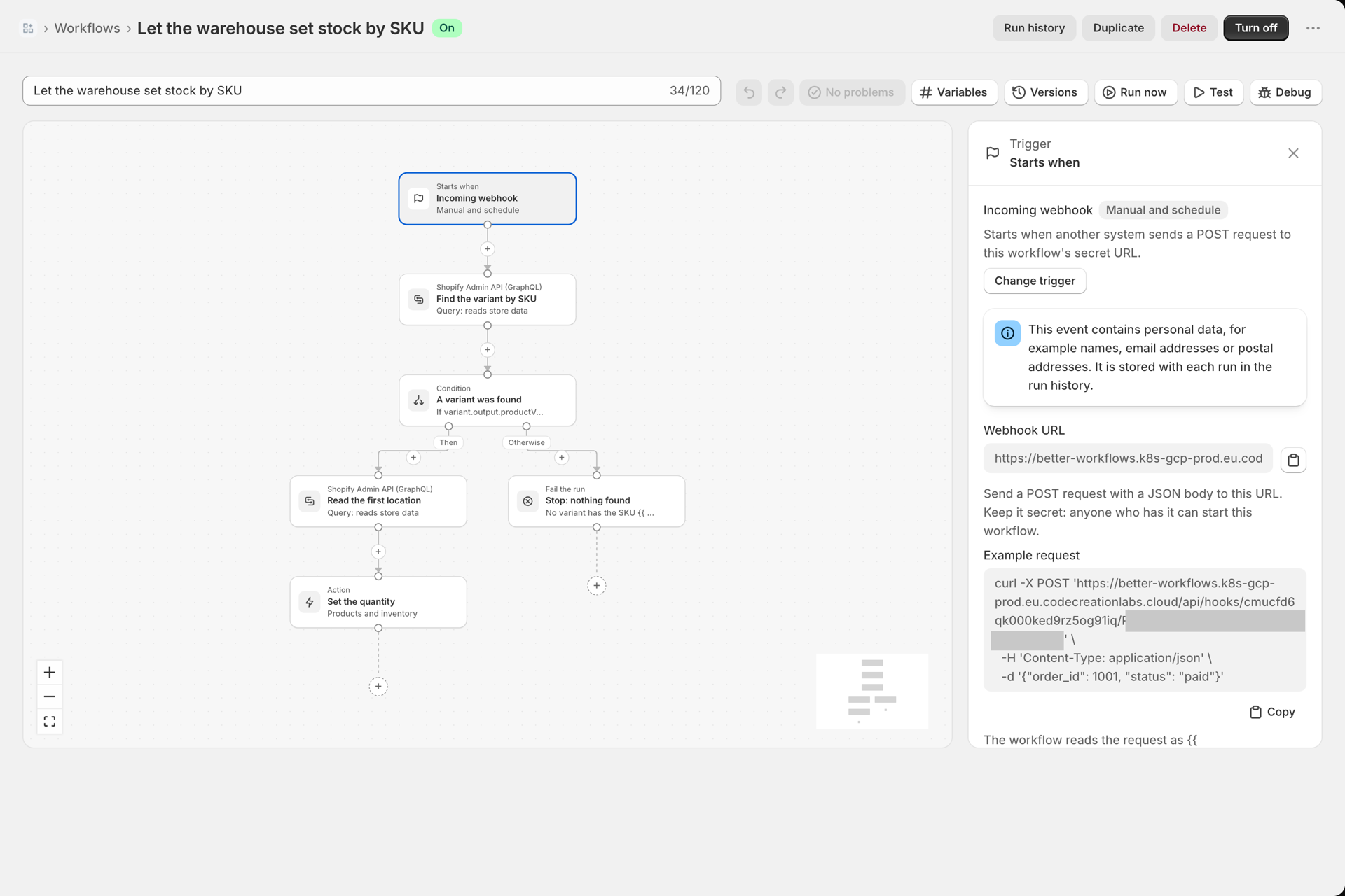 The trigger panel of the Incoming webhook: a note that the event contains personal data, the Webhook URL with a copy button, and an Example request with a curl command; the secret part of the URL is hidden