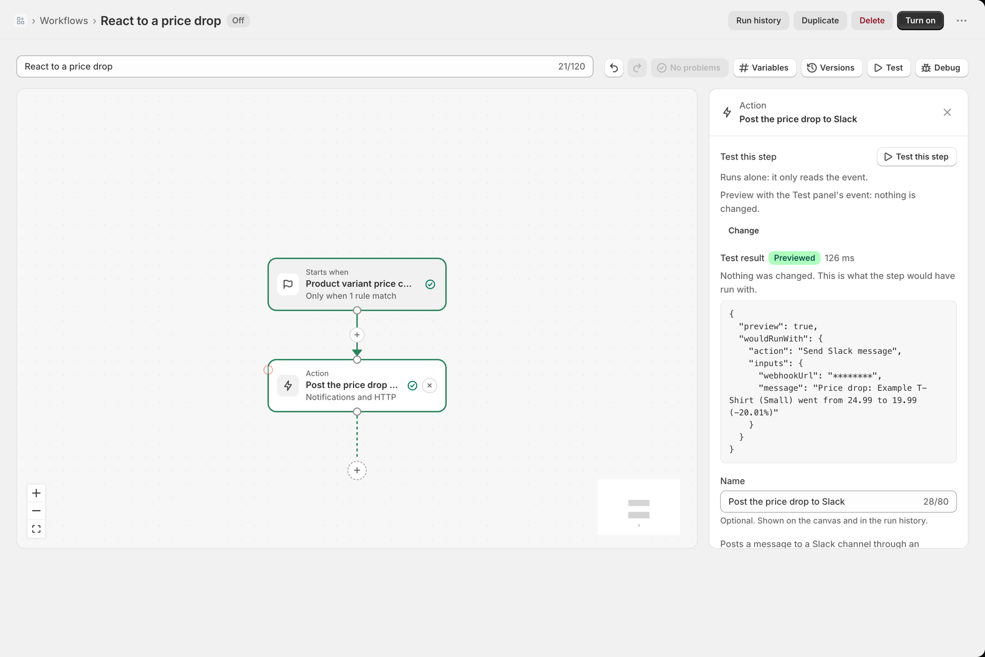 After the last step the debug bar is gone; the side panel of the Slack step shows Test result Previewed and the message the step would have sent