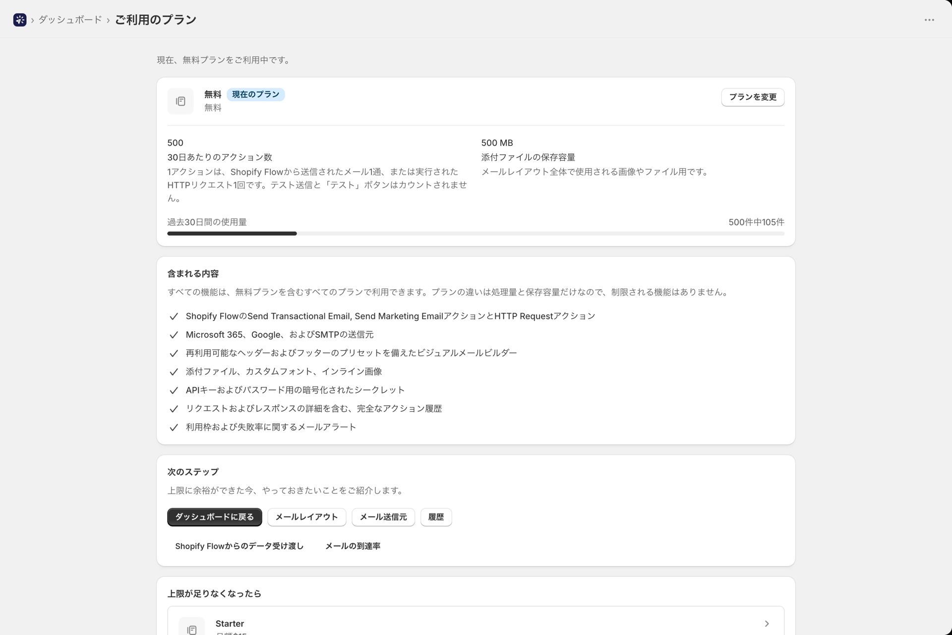 現在のプランとその利用状況が表示されたプランページ