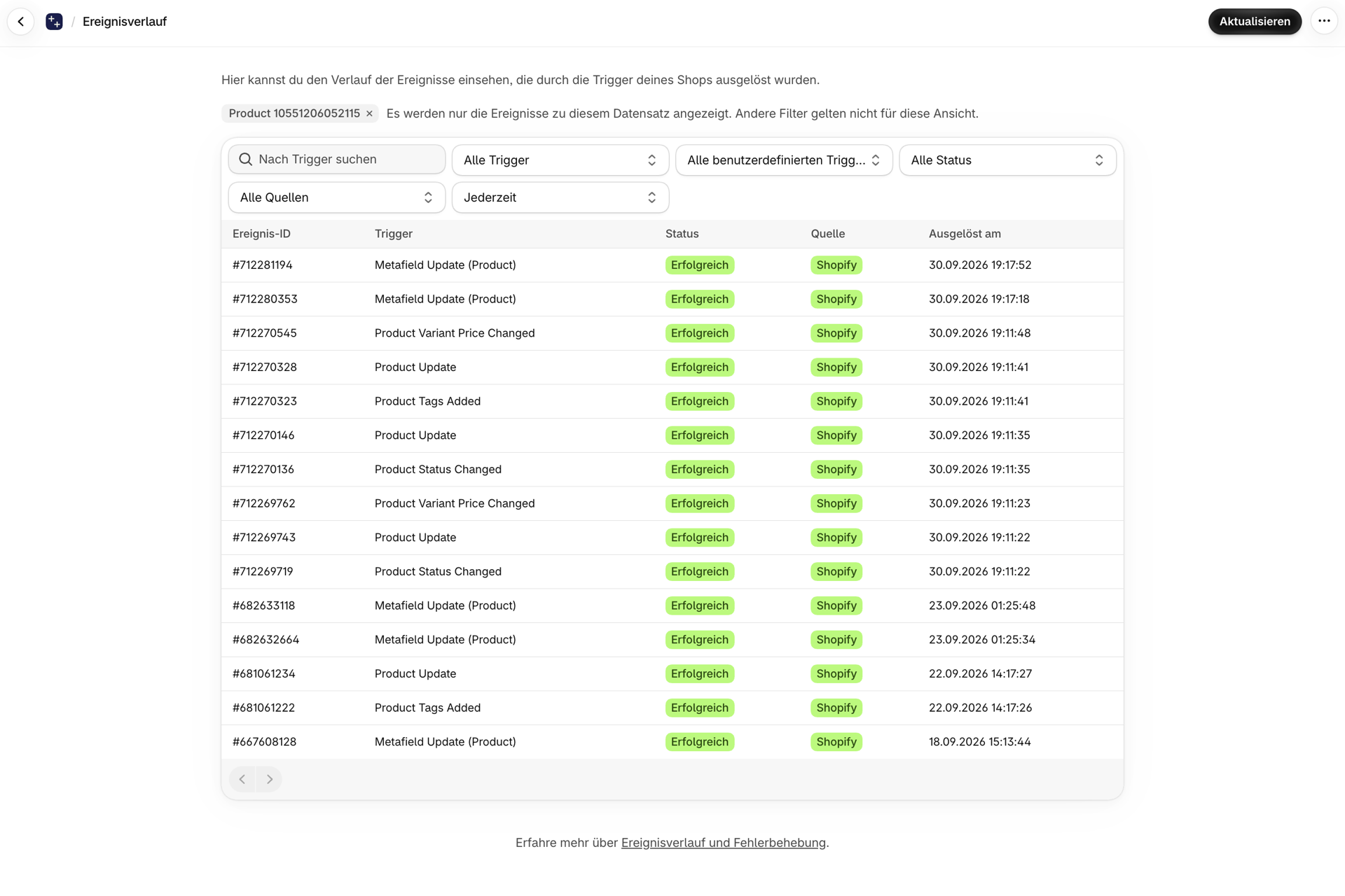Der Verlauf ist auf ein Produkt eingegrenzt und wird als abnehmbarer Chip oberhalb der Liste angezeigt