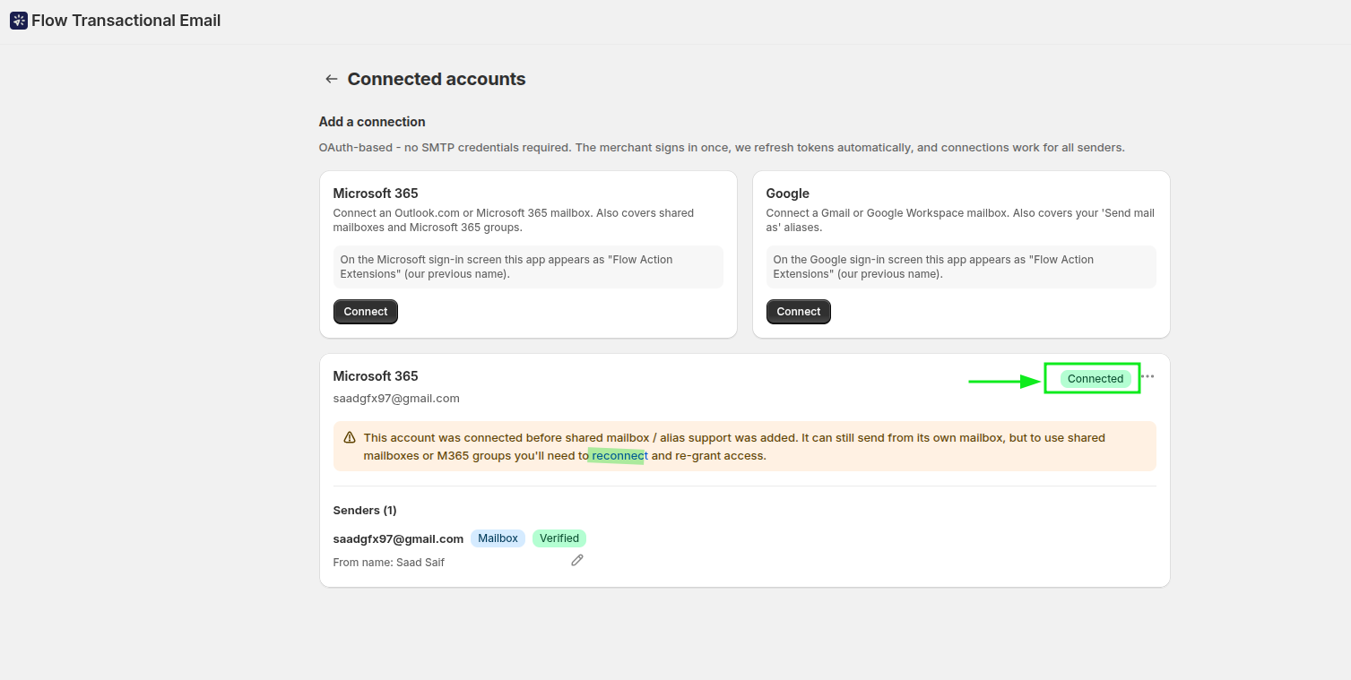 Microsoft 365 connected successfully
