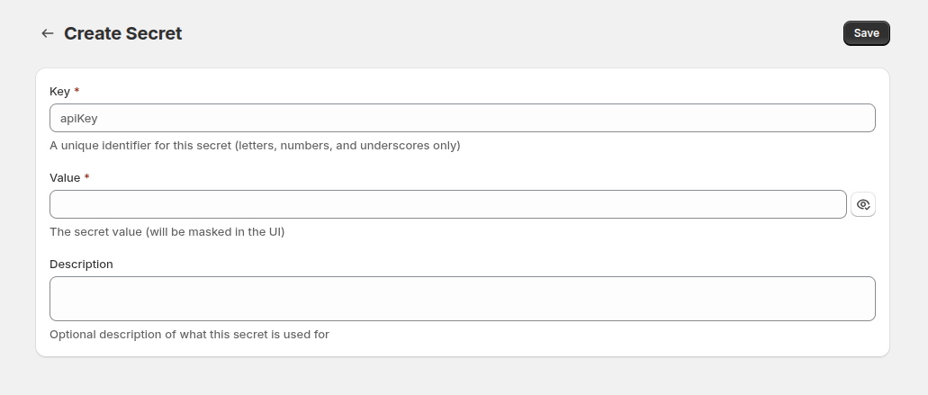 Entering a secret key, value and description