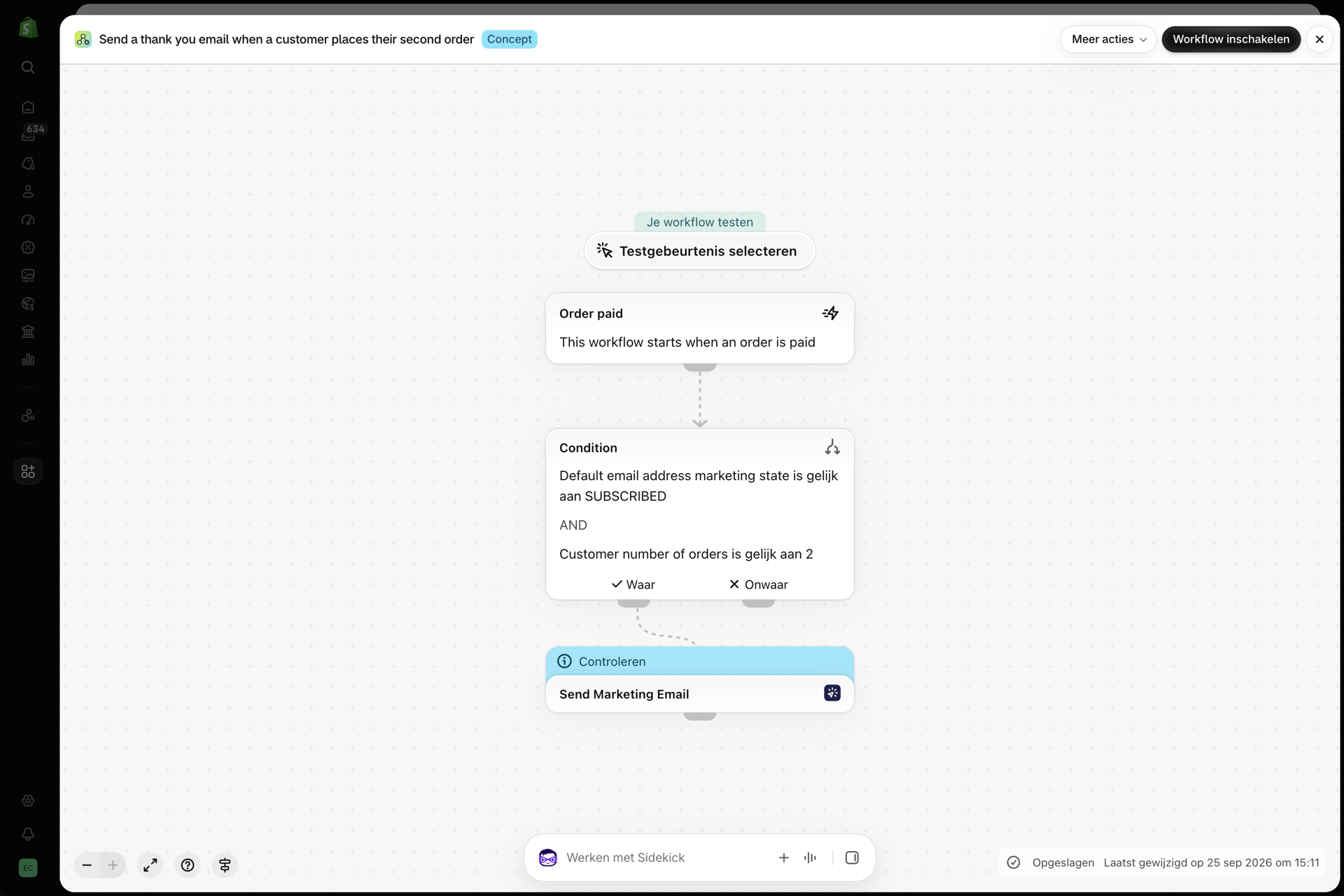 De workflow in Shopify Flow: een bedankmail versturen wanneer een klant zijn tweede bestelling plaatst