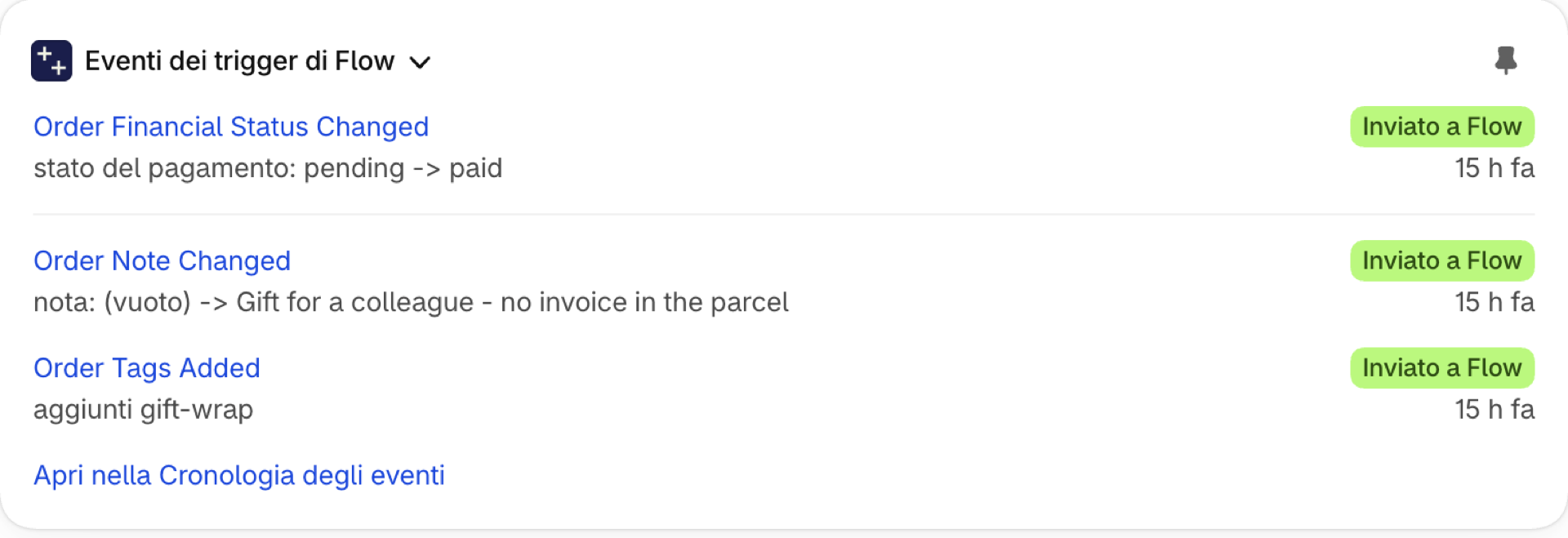 Gli eventi che attivano Shopify Flow nella pagina di un ordine: stato finanziario da “in sospeso” a “pagato” e aggiunta di una nota