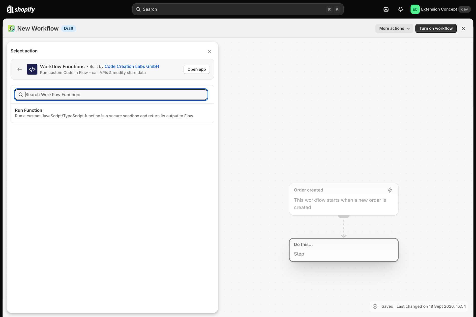 Workflow Functions in Flow's action picker with its one action, Run Function