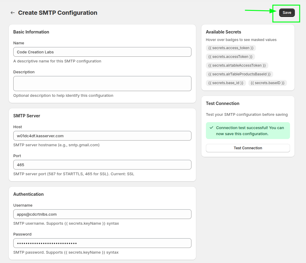 Saving the SMTP configuration