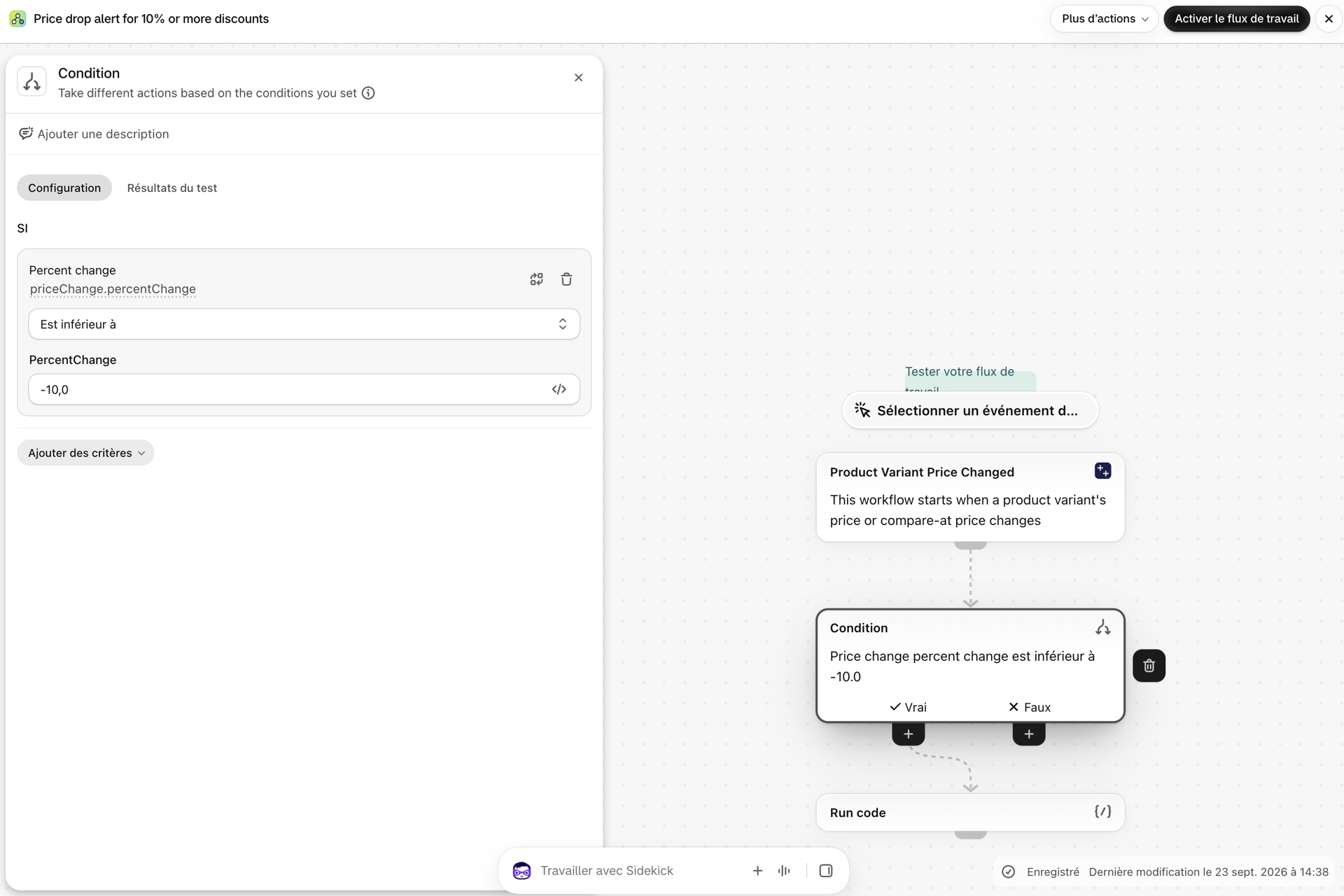 Condition de Shopify Flow : la valeur de « priceChange.percentChange » est inférieure à -10