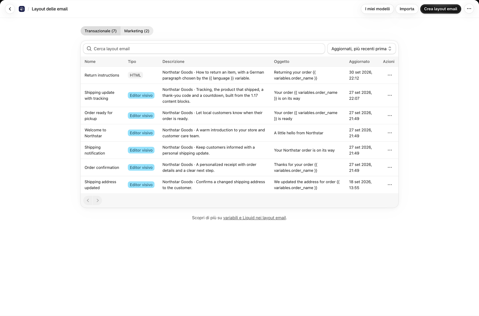 La pagina “Layout delle e-mail” con le schede “Transazionale” e “Marketing”