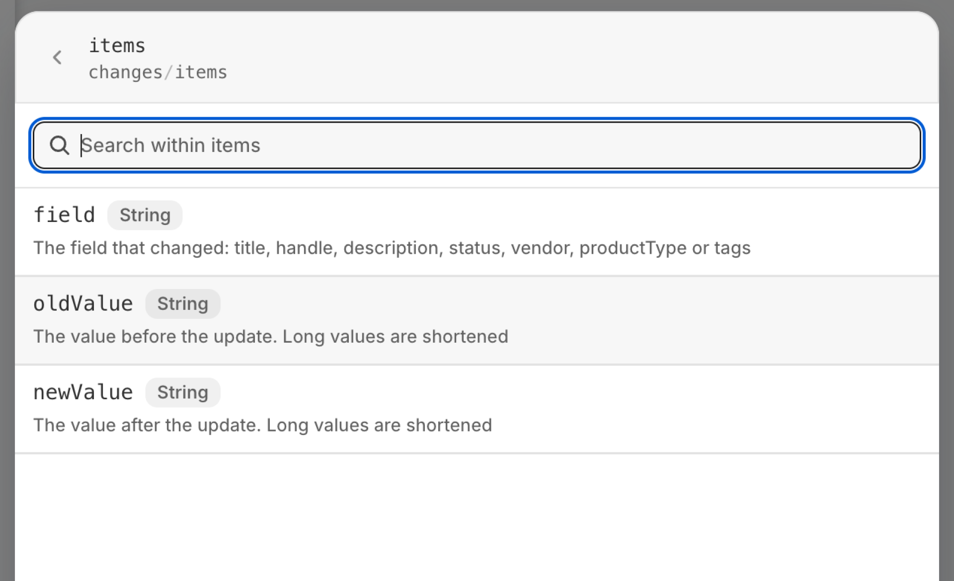 Flow's variable picker inside changes / items of Product Update, showing field, oldValue and newValue