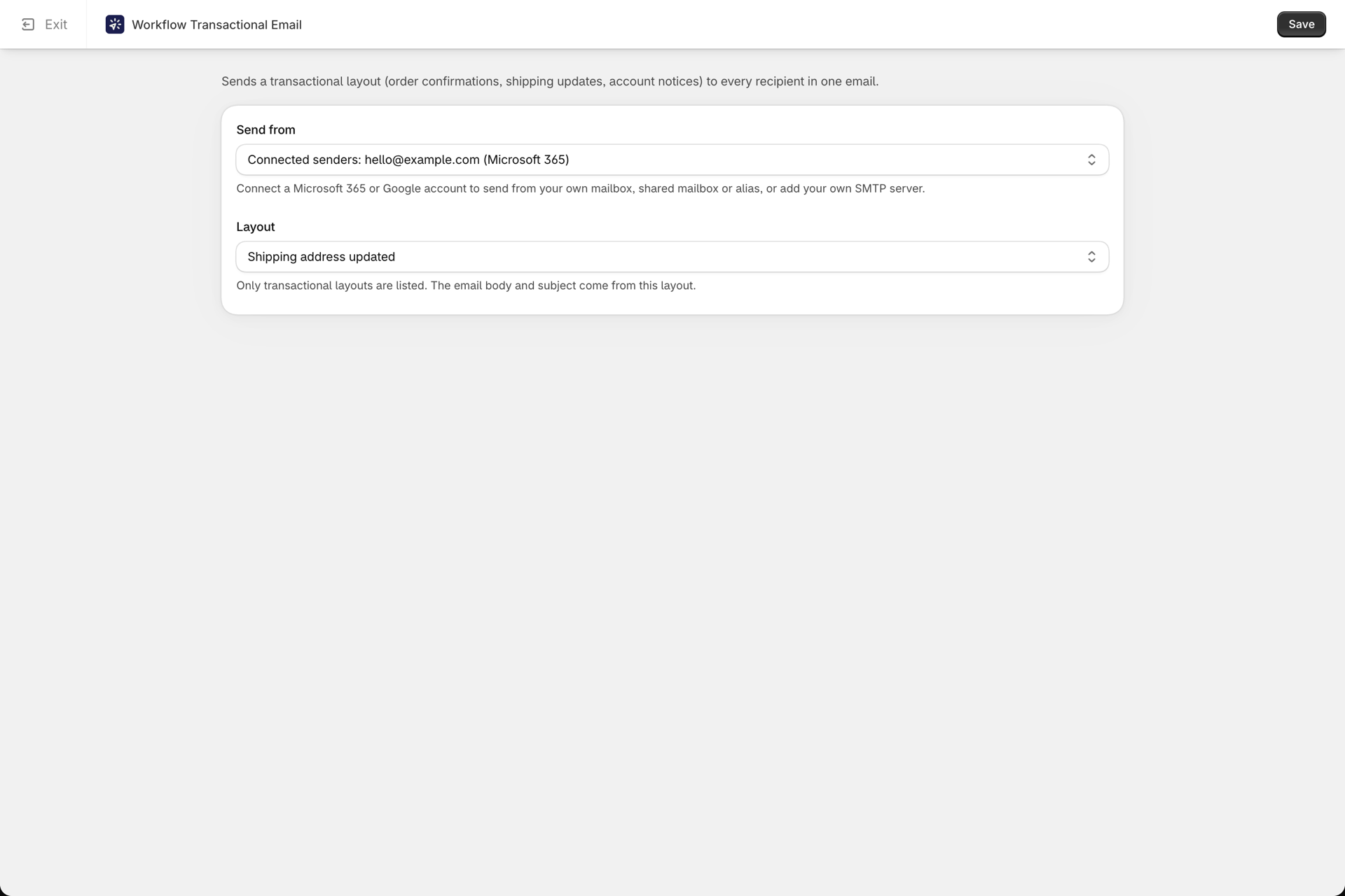 De configuratiepagina voor de e-mailactie, waarop een afzender en een e-mailopmaak zijn geselecteerd