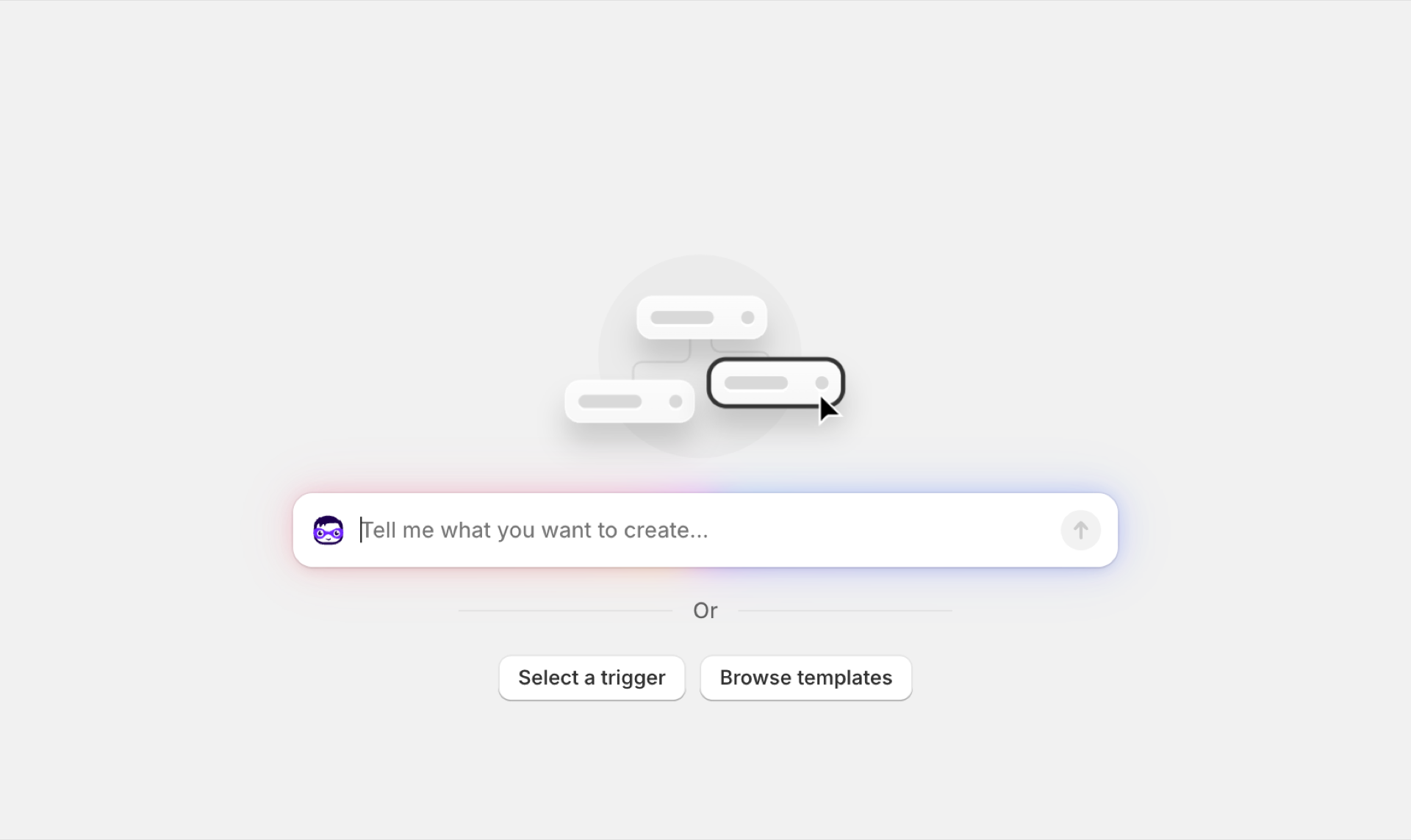 A new, empty Shopify Flow workflow with a prompt field and the buttons Select a trigger and Browse templates