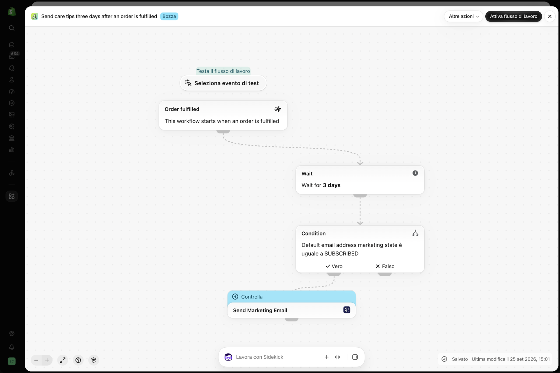 Il workflow in Shopify Flow: inviare consigli per la cura tre giorni dopo l’evasione di un ordine