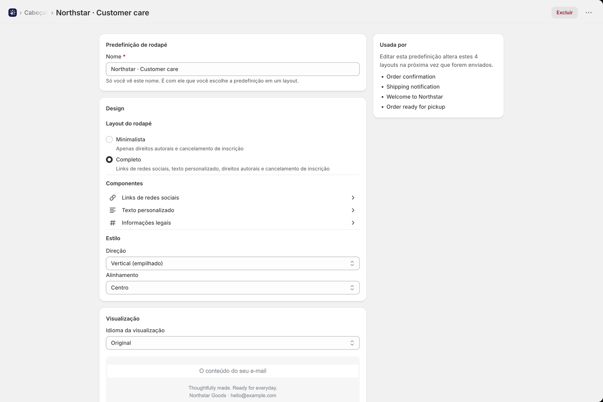 O editor de predefinições de cabeçalho, com layout, componentes, estilo e uma visualização; o cartão “Usado por” lista quatro layouts