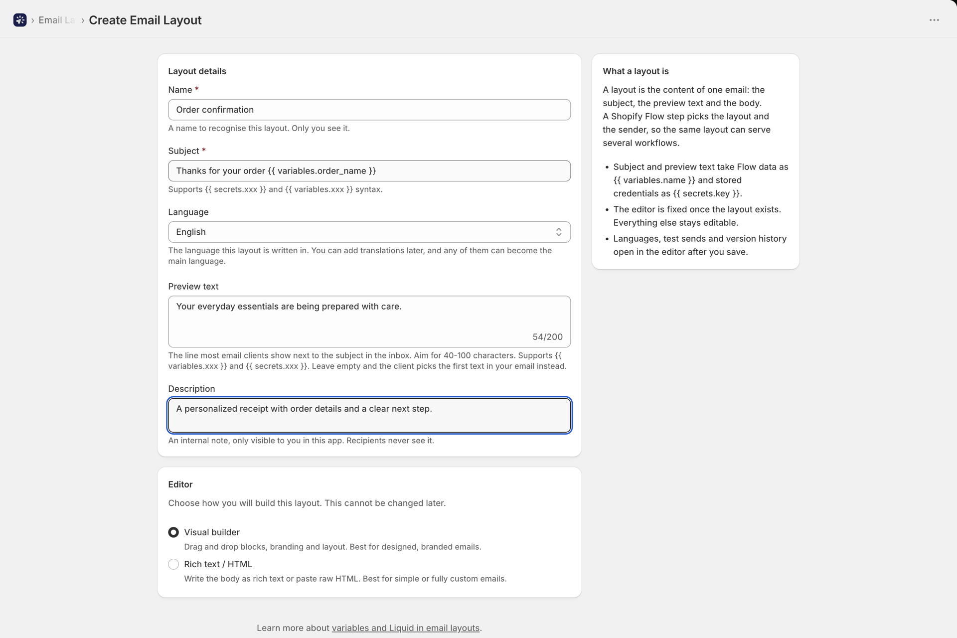 Die Seite „E-Mail-Layout erstellen“ mit Name, Betreff, Sprache und der Wahl des Editors