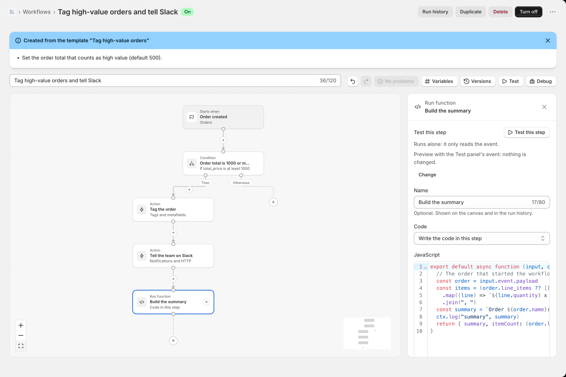 The Run function side panel: Name Build the summary, Code set to Write the code in this step, and a JavaScript editor holding an export default async function that builds an order summary from input.event.payload