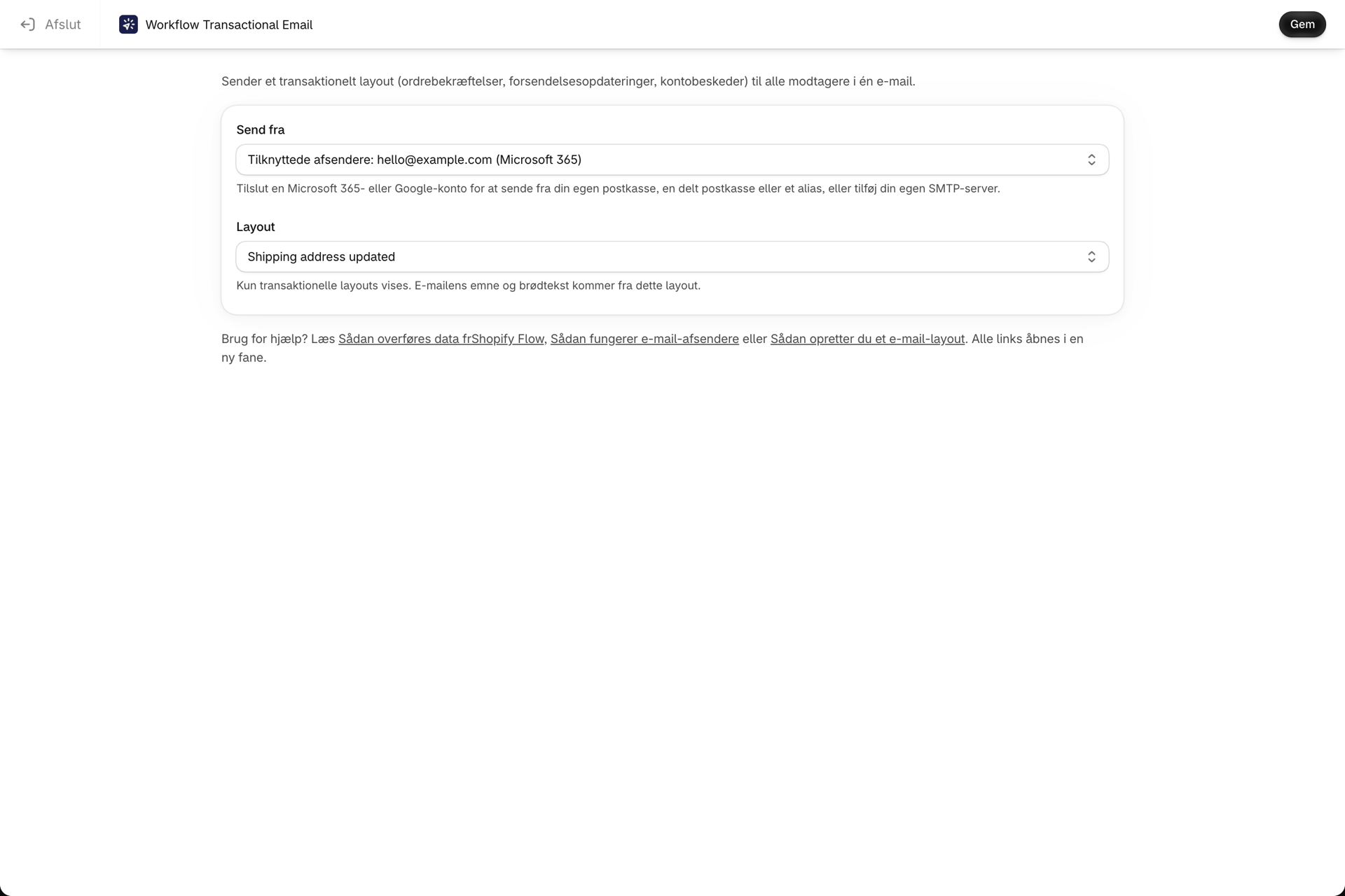 Konfigurationssiden for e-mail-handlingen med en Microsoft 365-afsender og et valgt layout