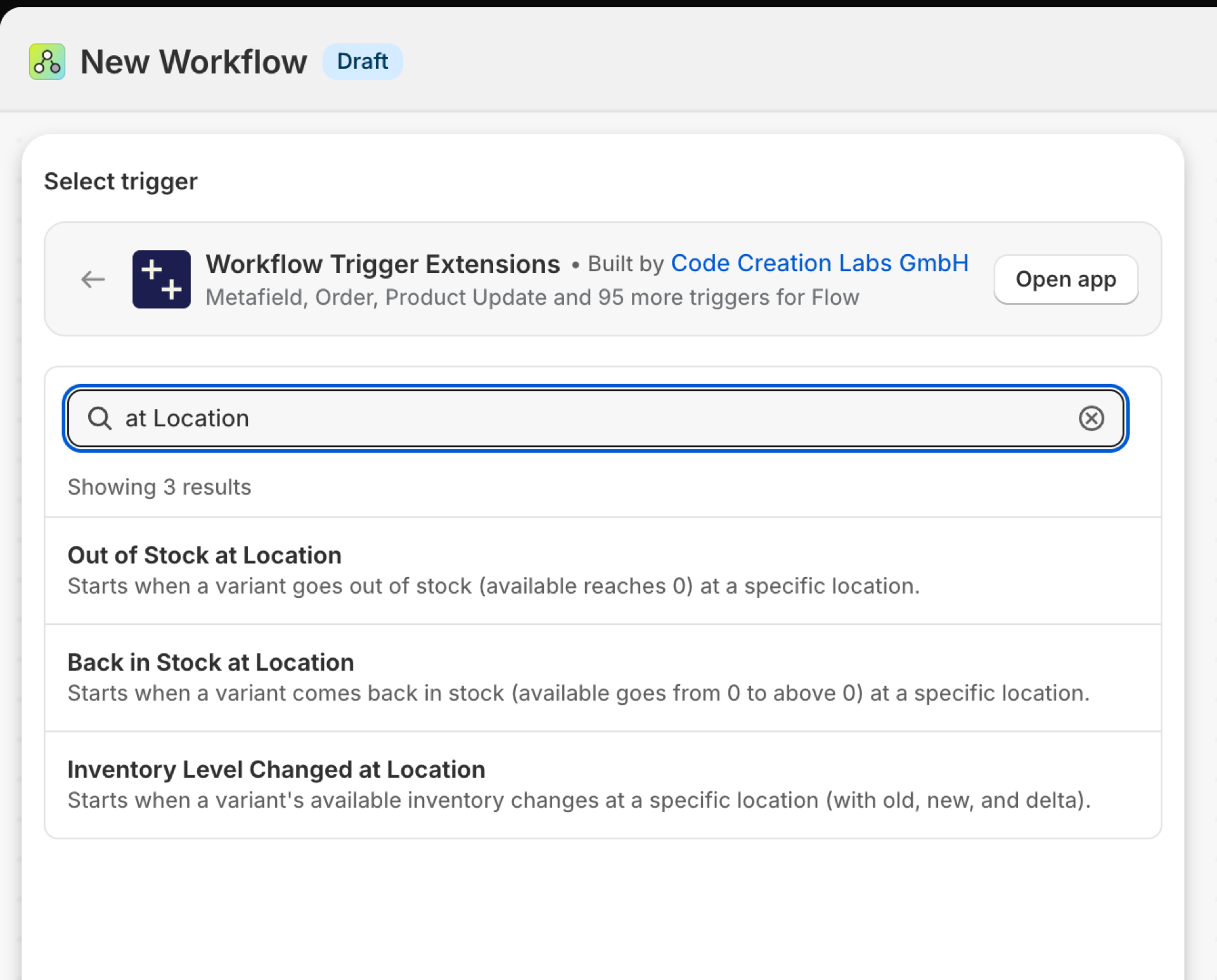 Shopify Flow's trigger picker inside Workflow Trigger Extensions, searched for at Location