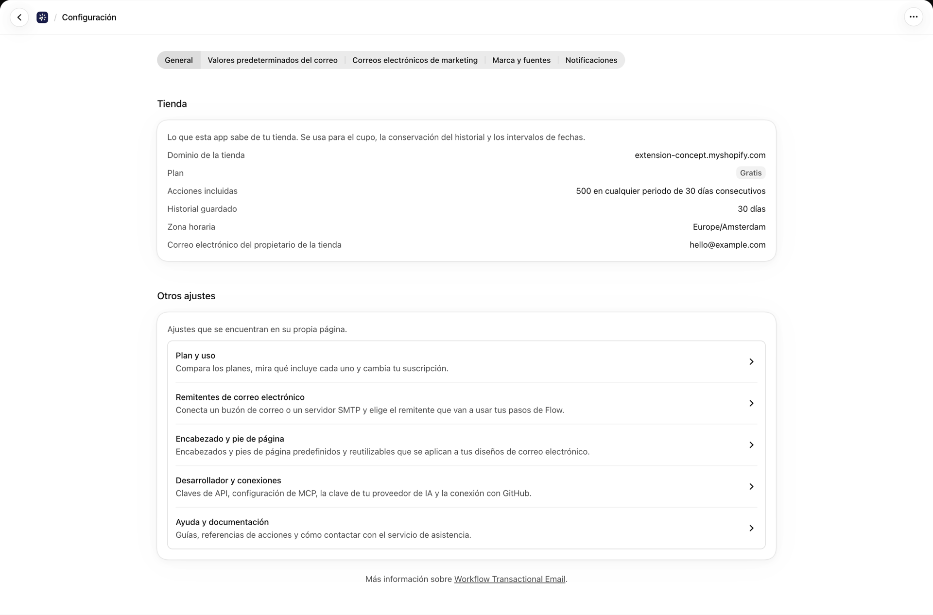 La pestaña «General» de «Configuración», que contiene los datos de la tienda y los enlaces a las demás páginas de configuración