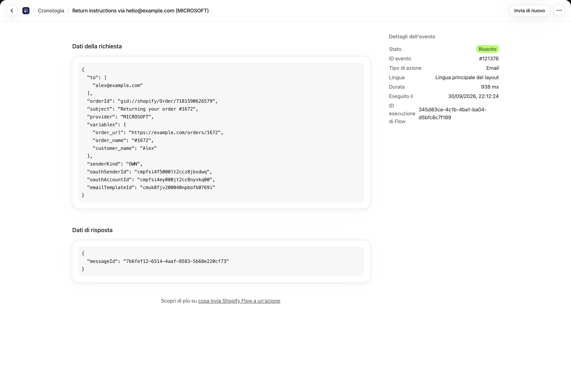Un evento "History" relativo a un'e-mail contenente le istruzioni per il reso, i cui dati della richiesta riportano l'orderId dell'ordine da cui è stata estratta la fattura
