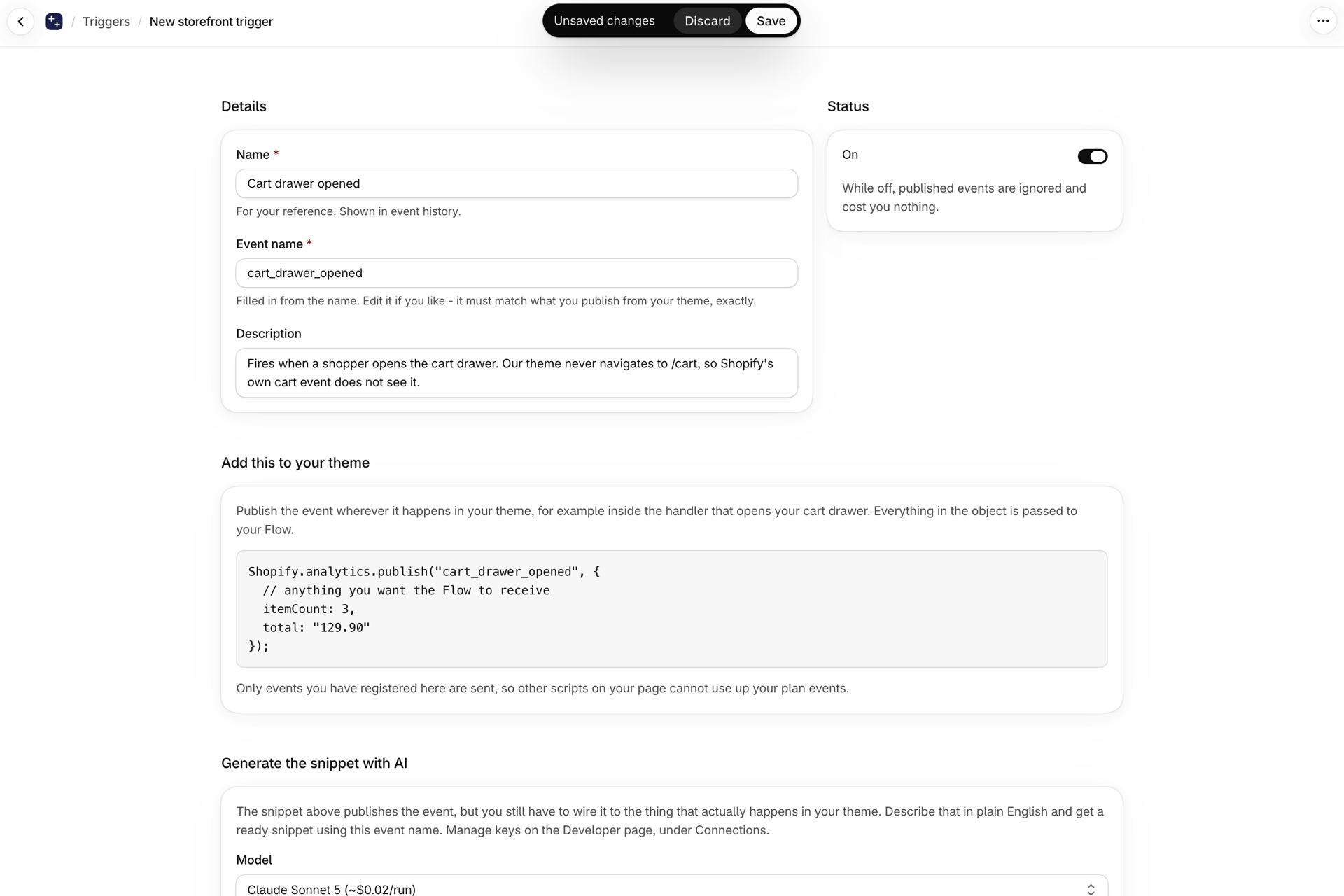 The Custom Storefront Trigger editor with a name, the event name and the snippet to add to the theme